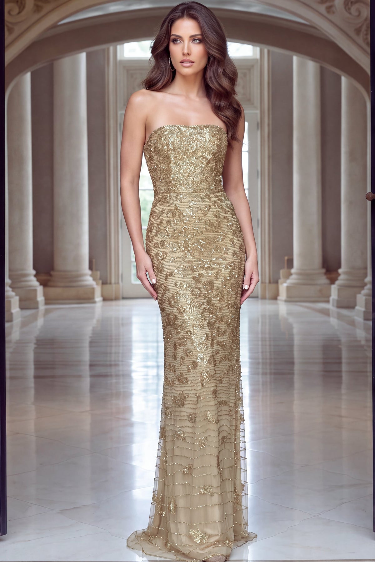 Strapless Curved Neck Floor-Length Sequin Occasion Mermaid Jovani 40887