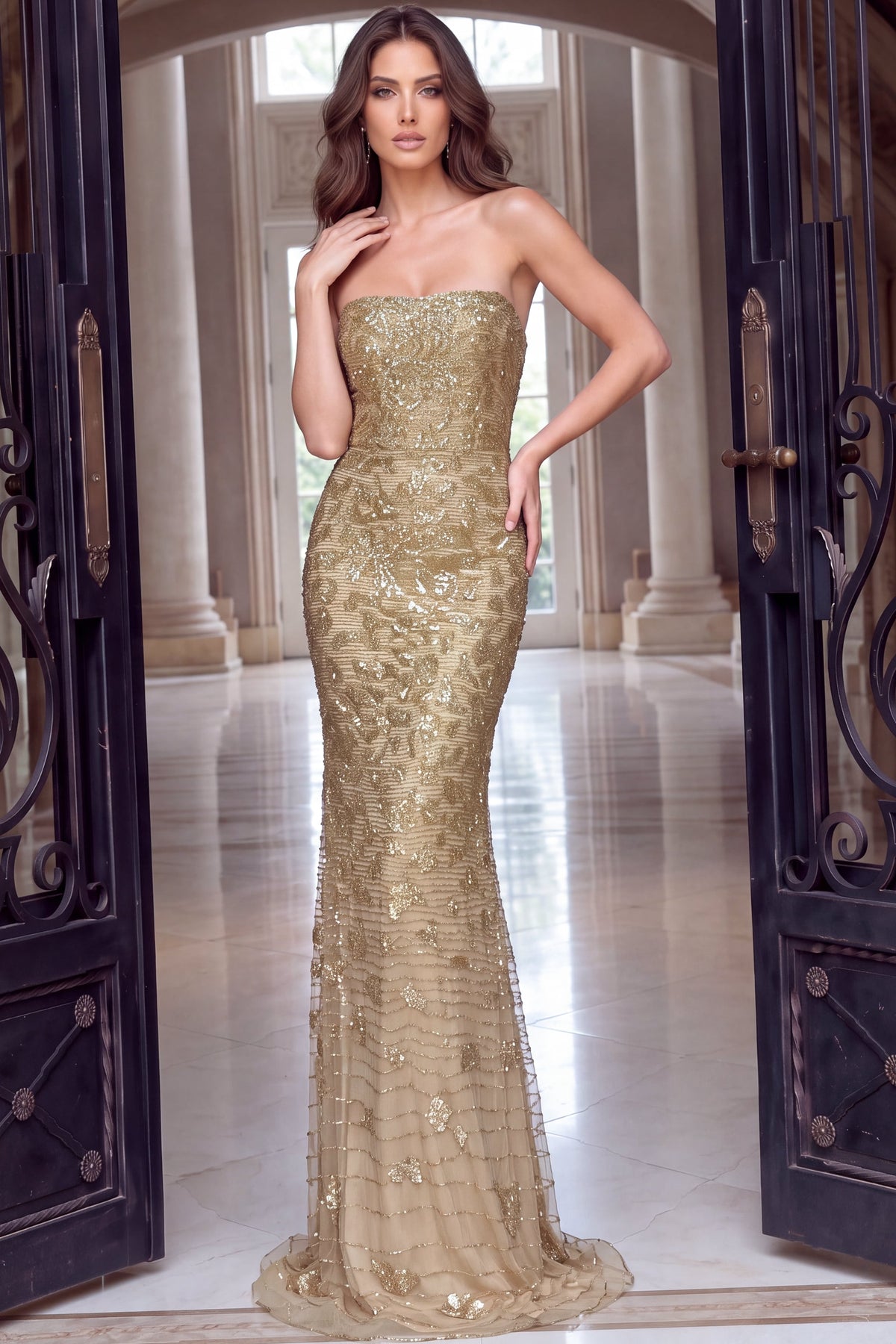 Strapless Curved Neck Floor-Length Sequin Occasion Mermaid Jovani 40887