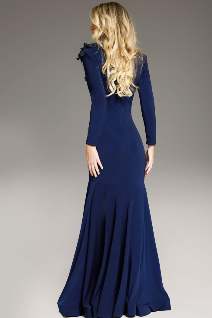 Formal Dresses Long Sleeve Fitted Floral Applique Formal Evening Dress Navy