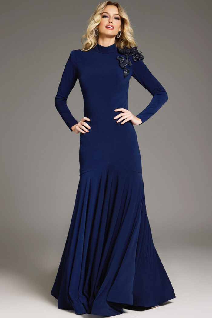 Navy Jovani 40926 Long Sleeve Fitted Floral Applique Formal Evening