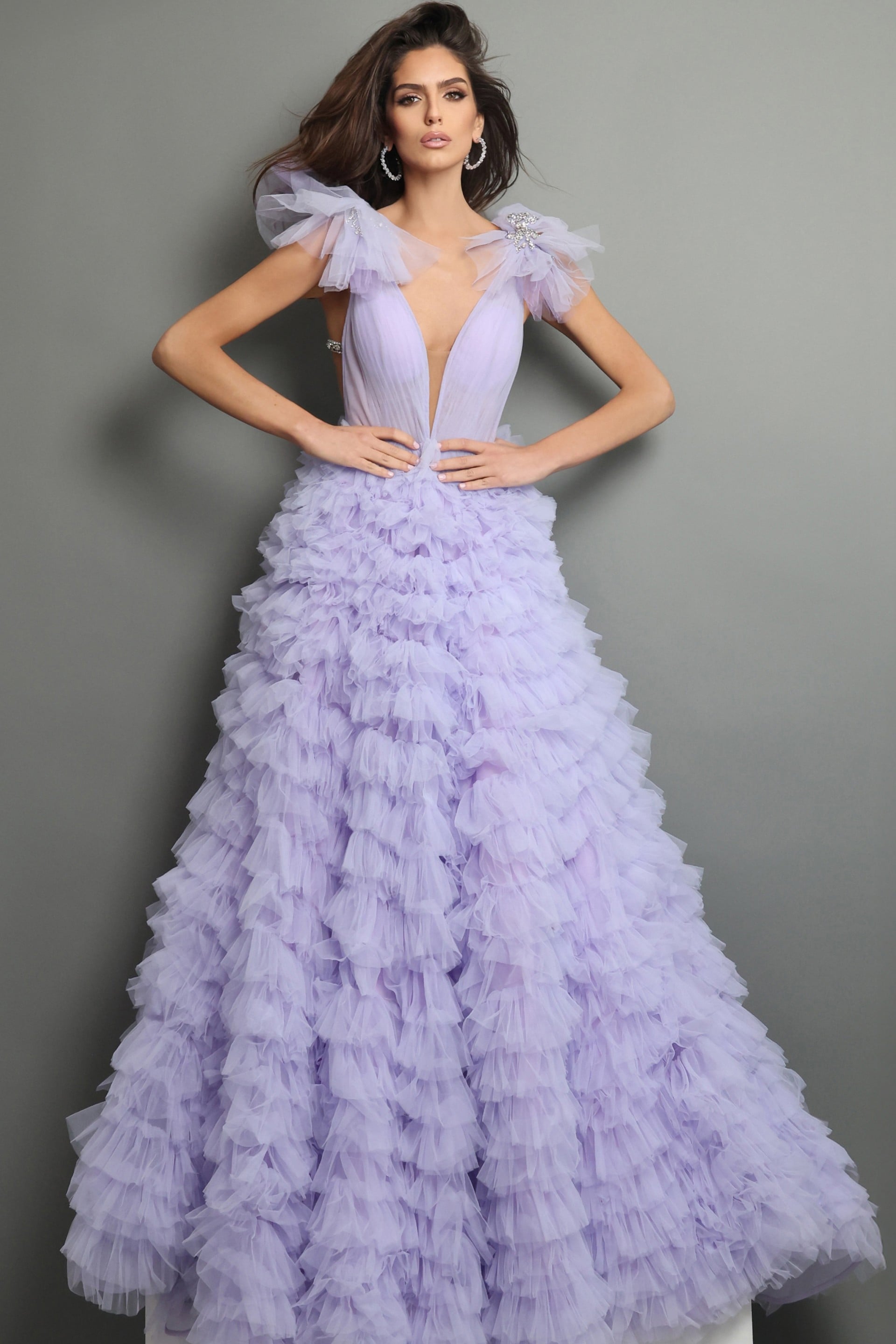 V-Neck Floor-Length Tulle Prom Ball Gown Jovani 41000
