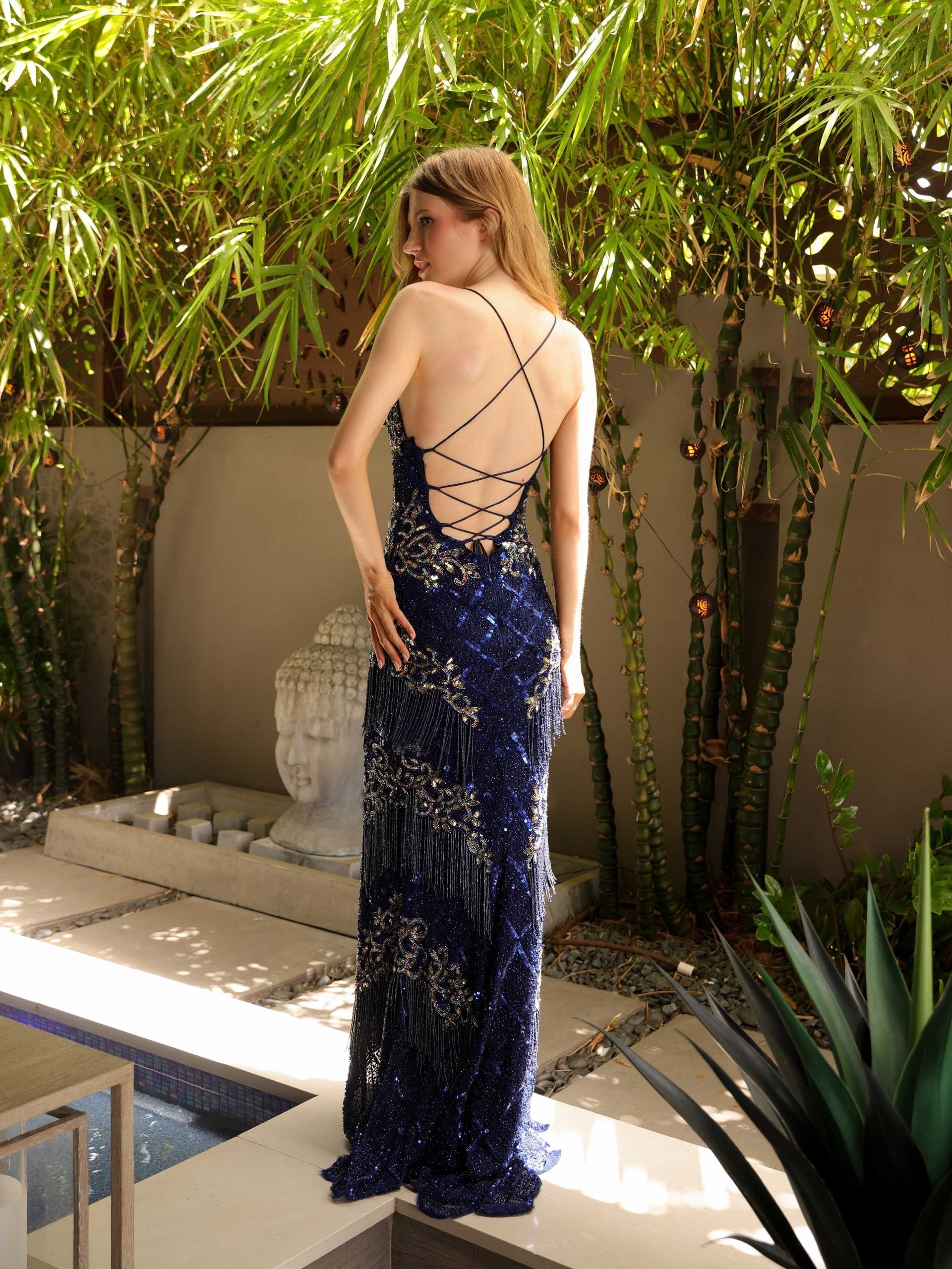 Prom Dresses Long Beaded Fringe Prom Formal Dress Midnight