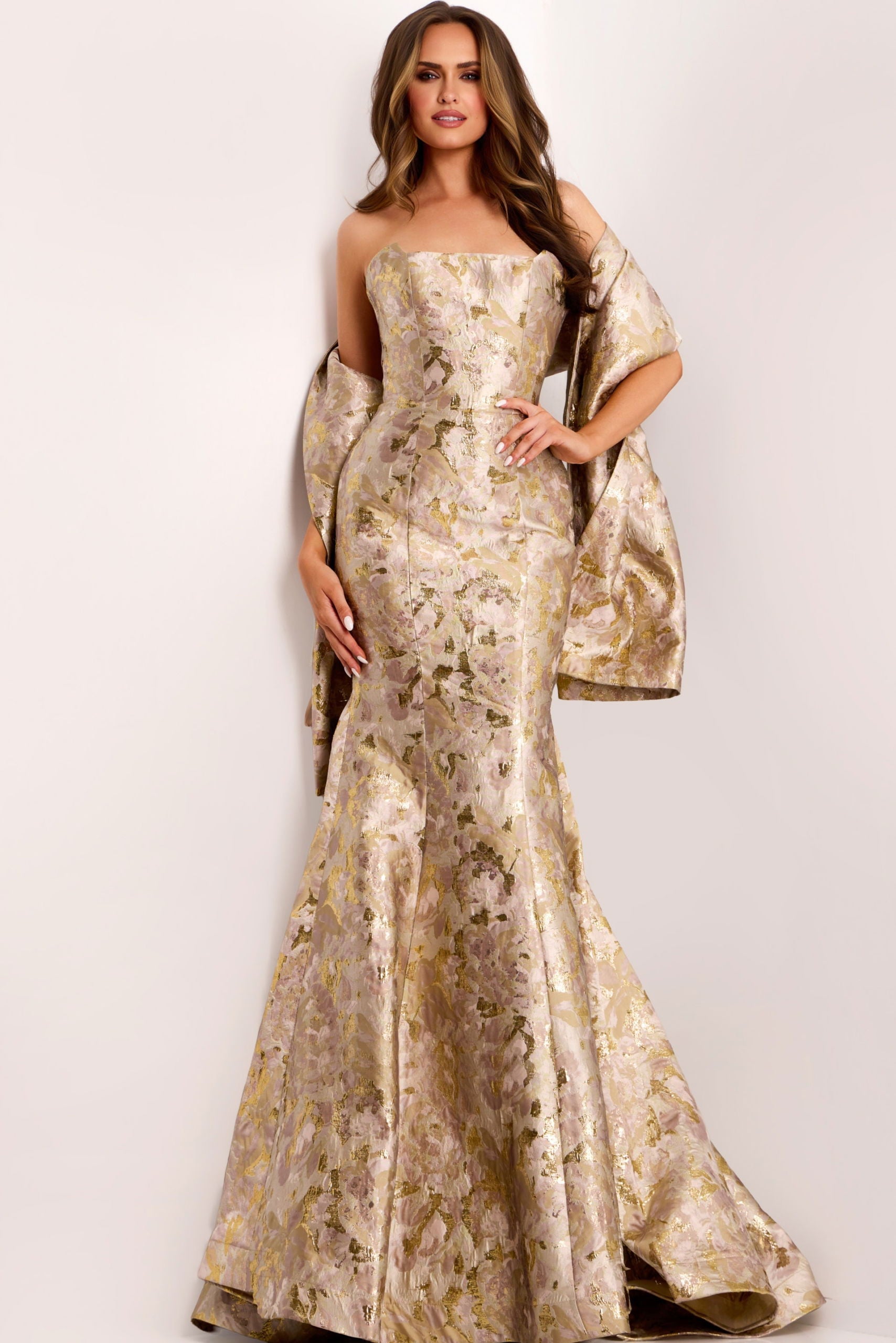 Formal Dresses Long Mermaid Formal Prom Metallic Dress Jovani 41131 Taupe/Gold