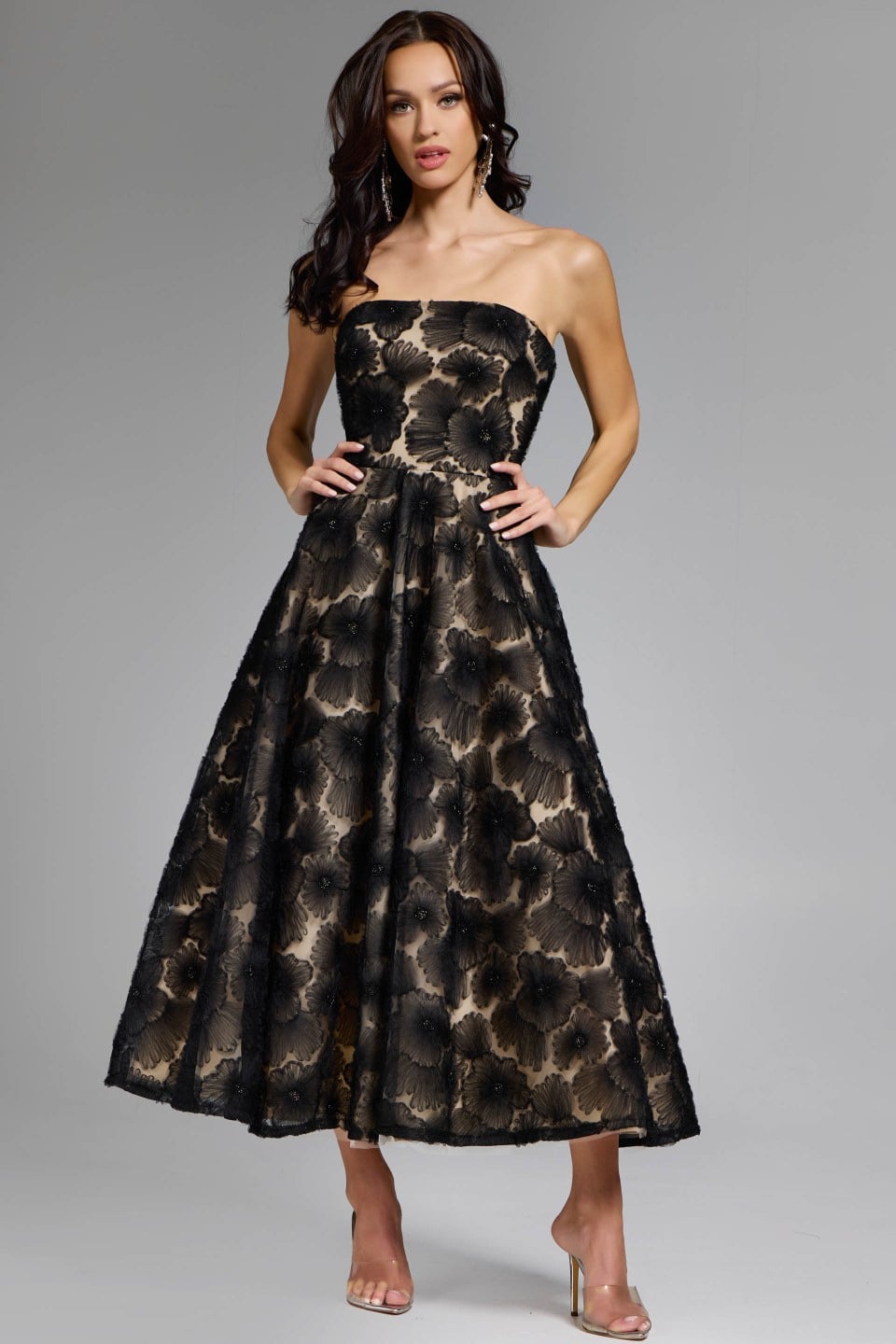 Strapless Curved Neck Tea-Length Lace Cocktail A-Line Jovani 41187