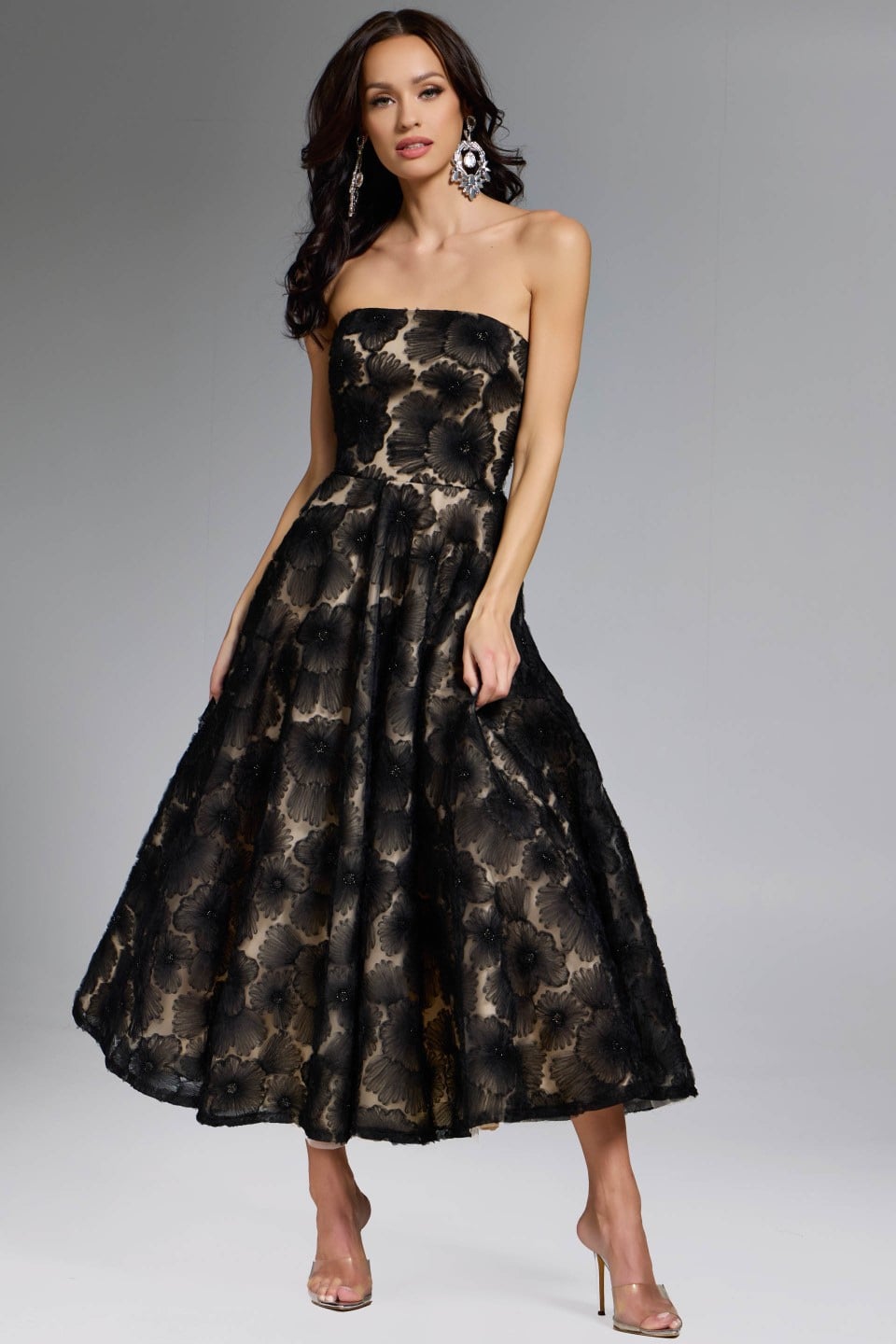 Strapless Curved Neck Tea-Length Lace Cocktail A-Line Jovani 41187