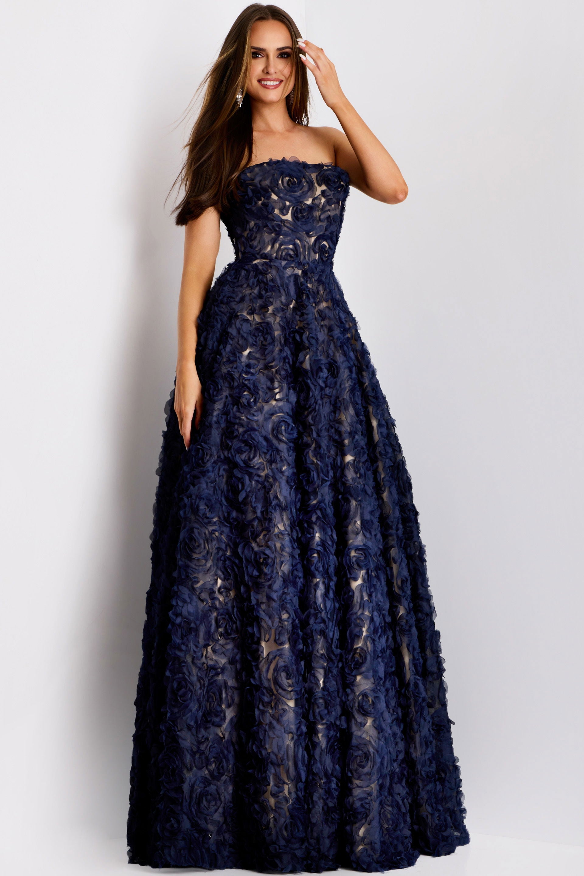 Formal Dresses Long Floral Prom Formal A Line Dress Jovani 41188 Navy/Nude