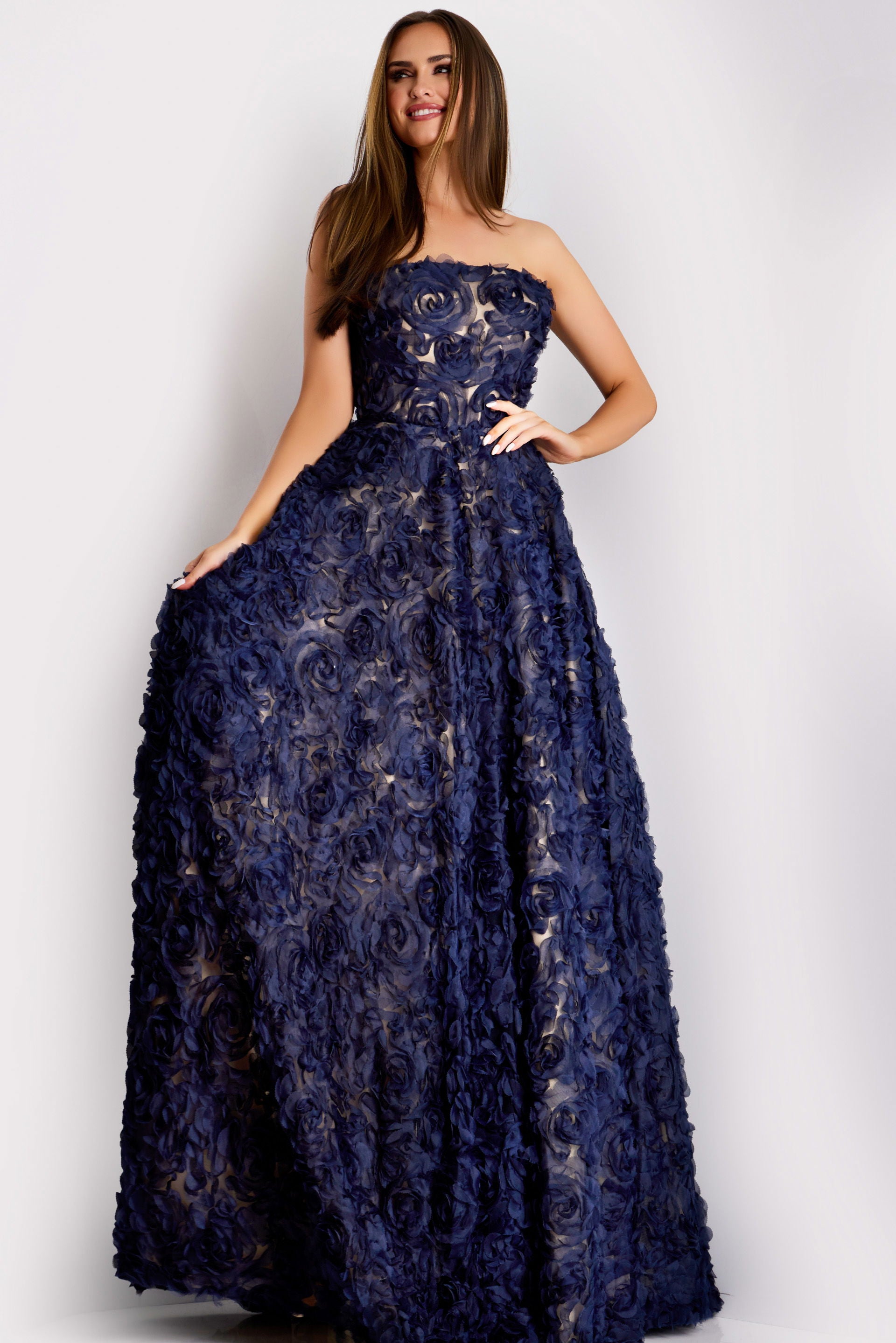 Formal Dresses Long Floral Prom Formal A Line Dress Jovani 41188 Navy/Nude