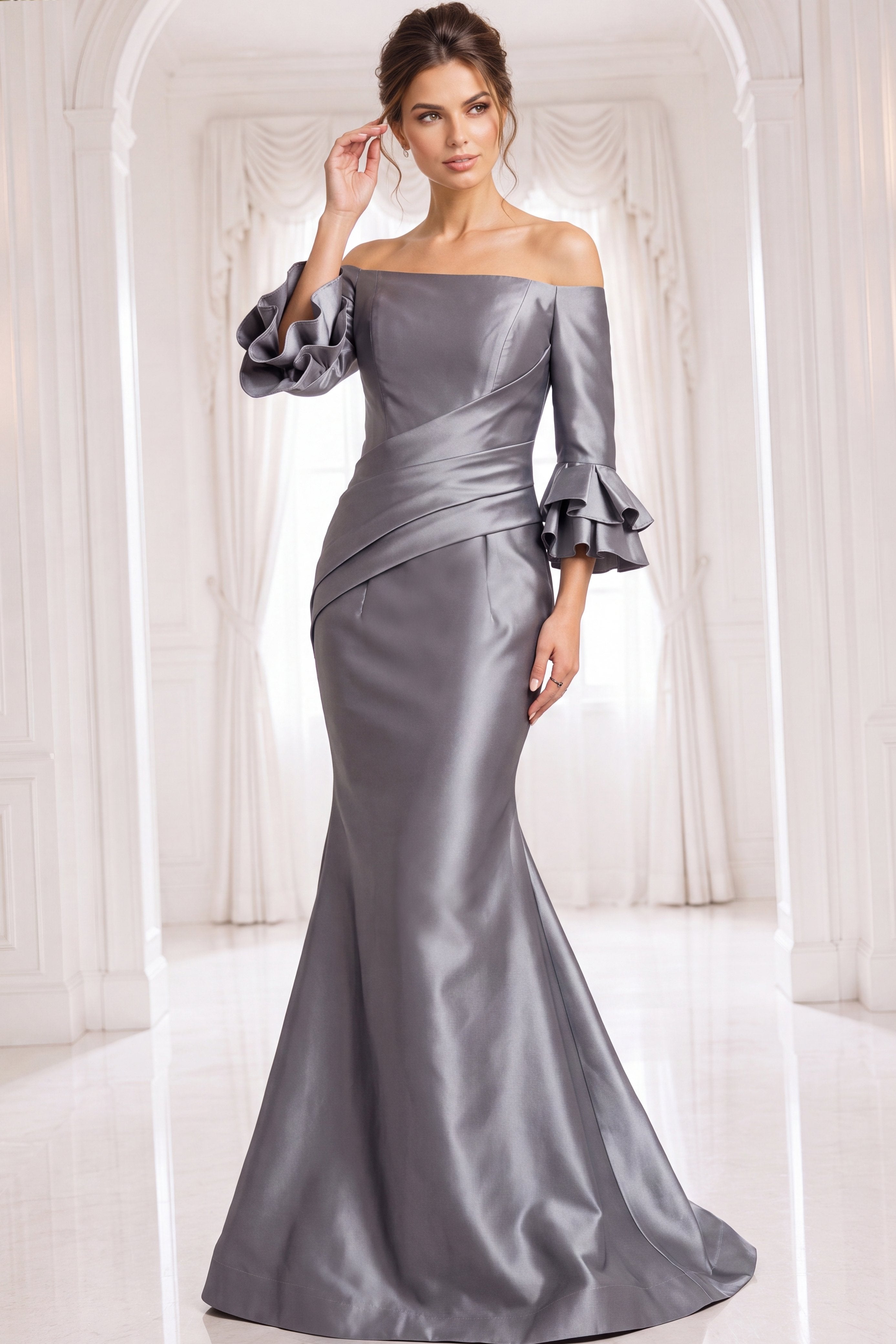 Steel Off-the-Shoulder Floor-Length Satin Formal Dress Ruffle Jovani 41190