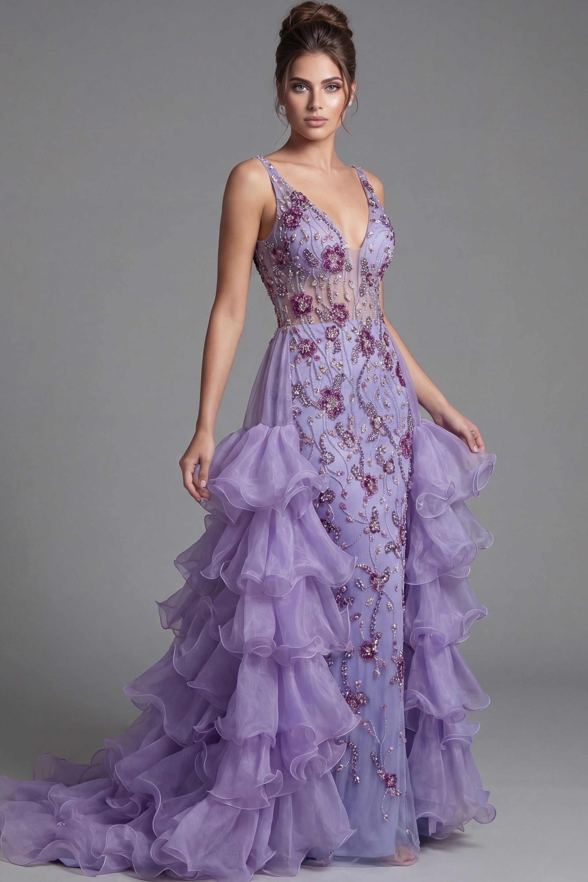 Lilac Deep V-Neck Floor-Length Tulle Pageant A-Line Prom Dress with Tiered Ruffles Jovani 41192