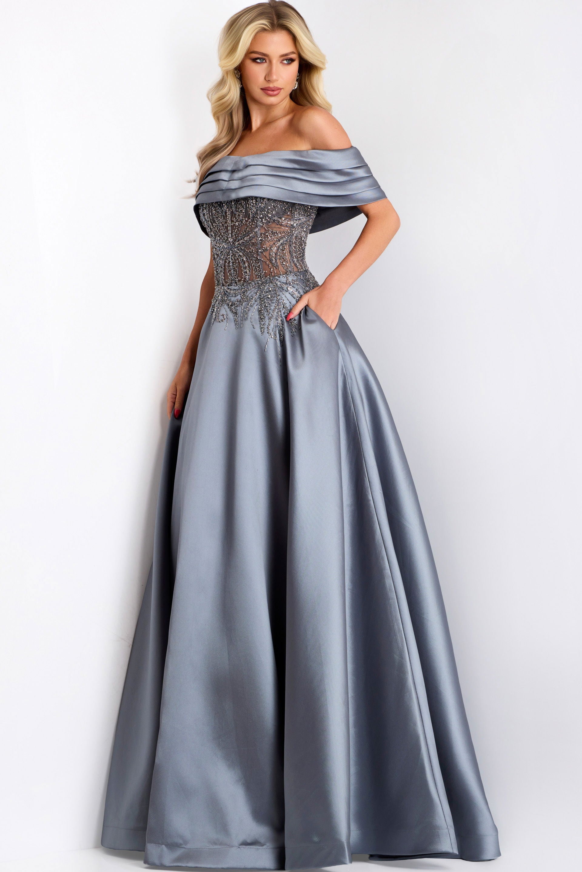 Prom Dresses Long Formal A Line Beaded Evening Prom Dress Jovani 41198 Steel