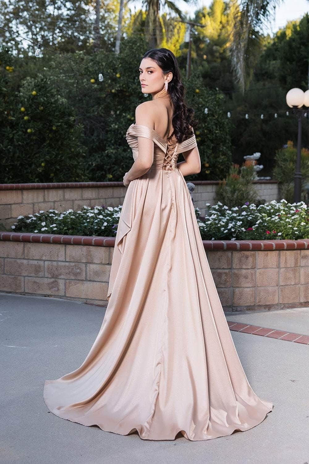 Off-the-Shoulder Floor-Length with Train Satin Prom A-Line May Queen 2056