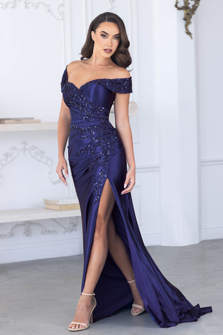 Prom Dresses Formal Beaded Prom Long Fitted Dress Lenovia 8353 Navy Blue