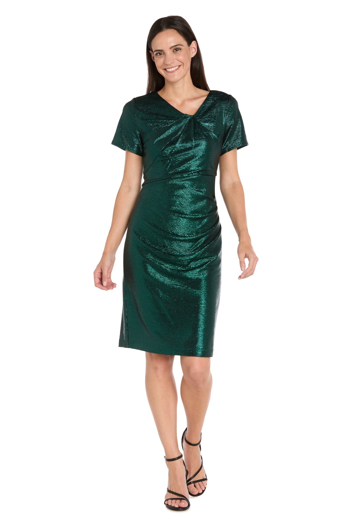 V-Neck Knee-Length Metallic Cocktail Dress by R&M Richards 4177 in Emerald