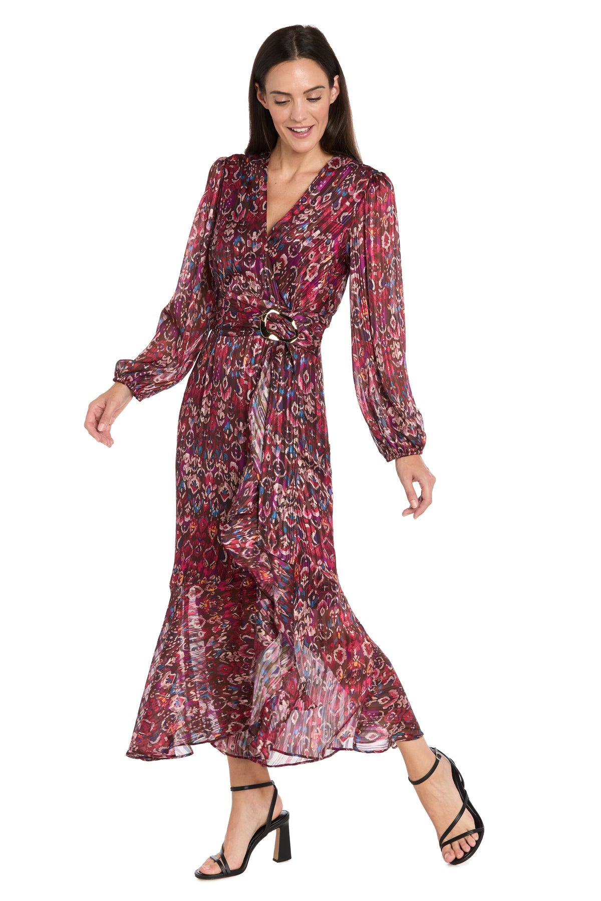 Prom Dresses Long Sleeve Print Midi Tea Length Cocktail Dress Berry