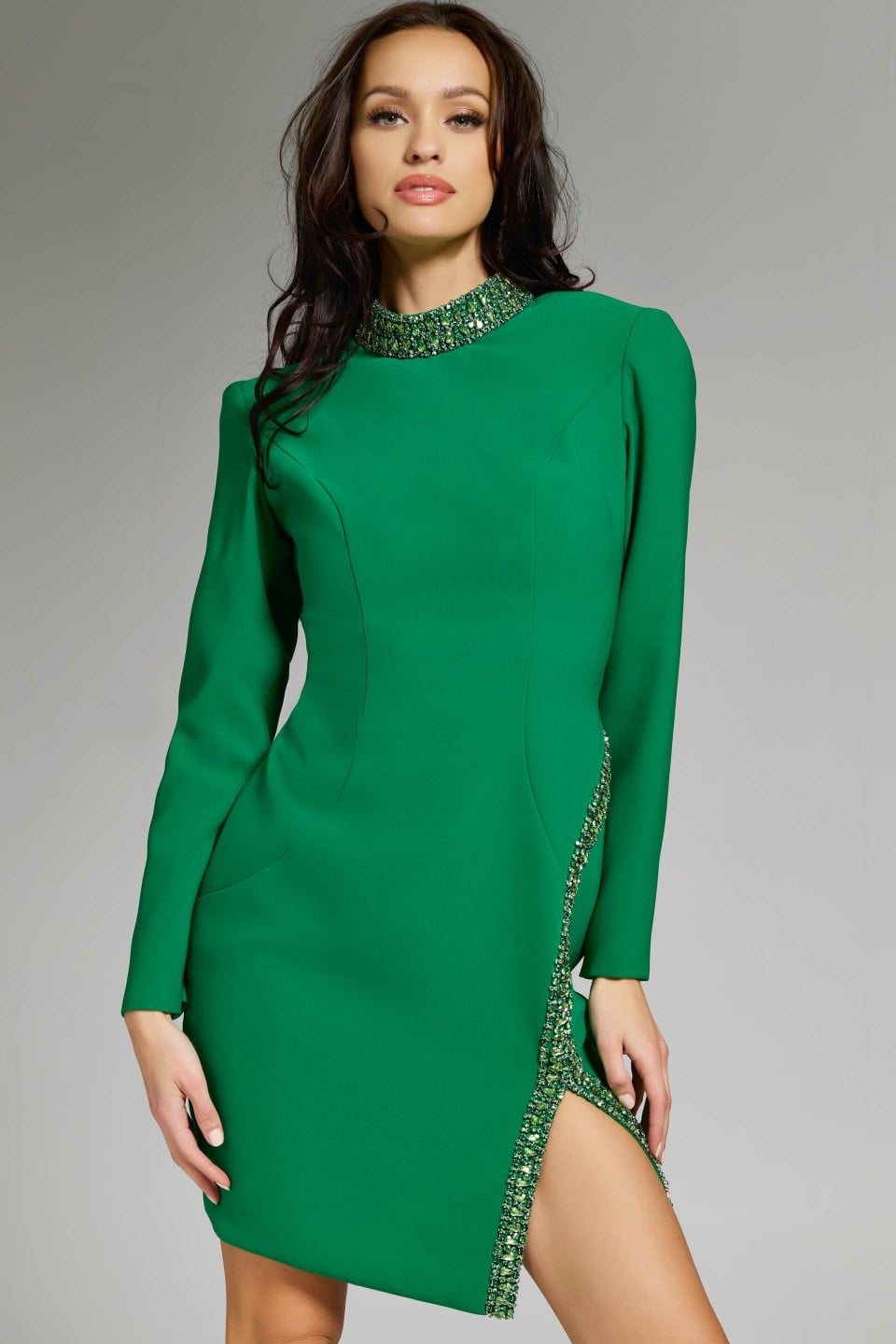 Emerald High Neck Long Sleeve Crepe Cocktail Dress Crystal Slit Gown Jovani 42008