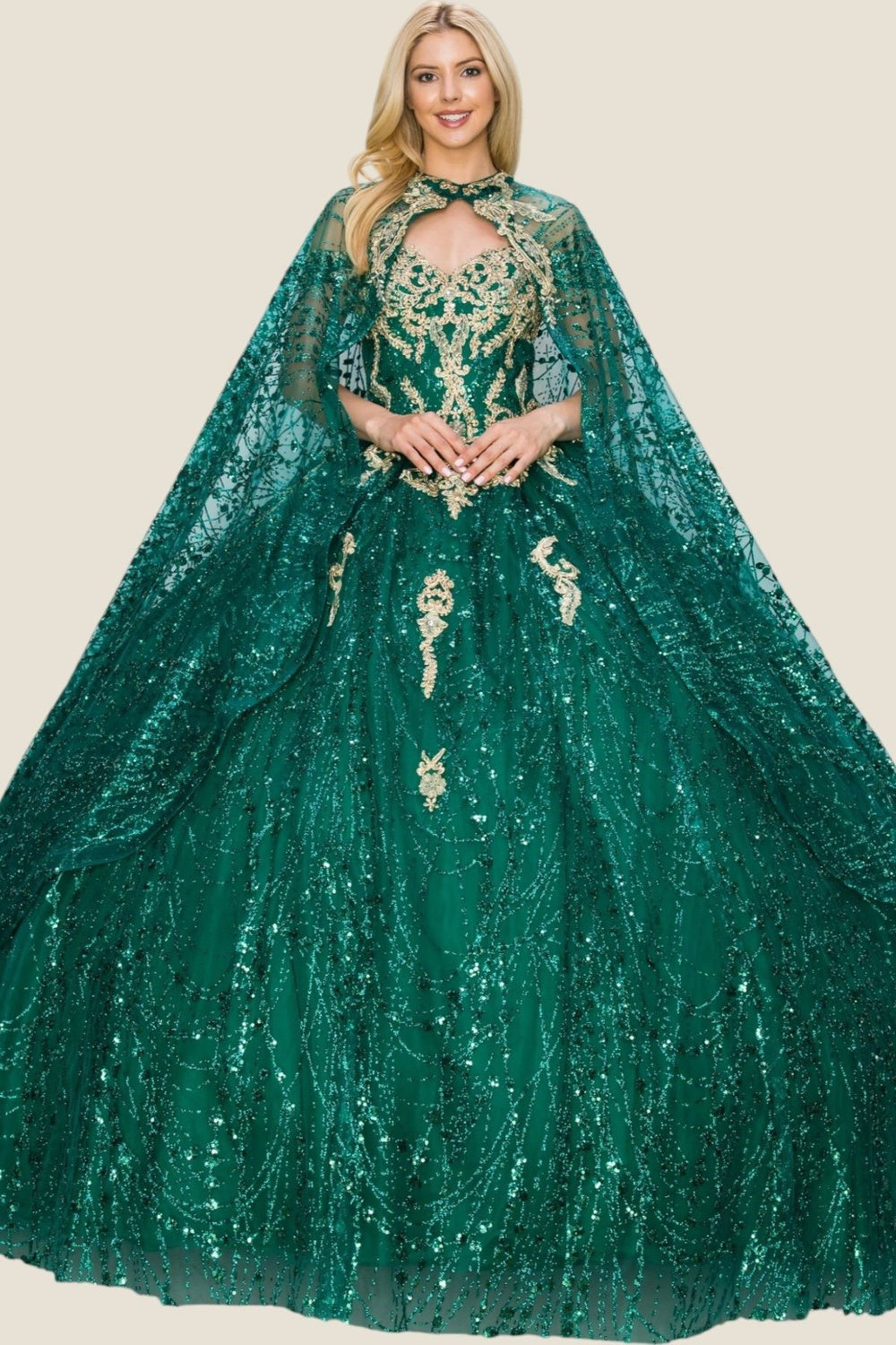 Quinceanera Dress Long Off Shoulder Ball Gown Quinceanera Cape Dress Hunter Green