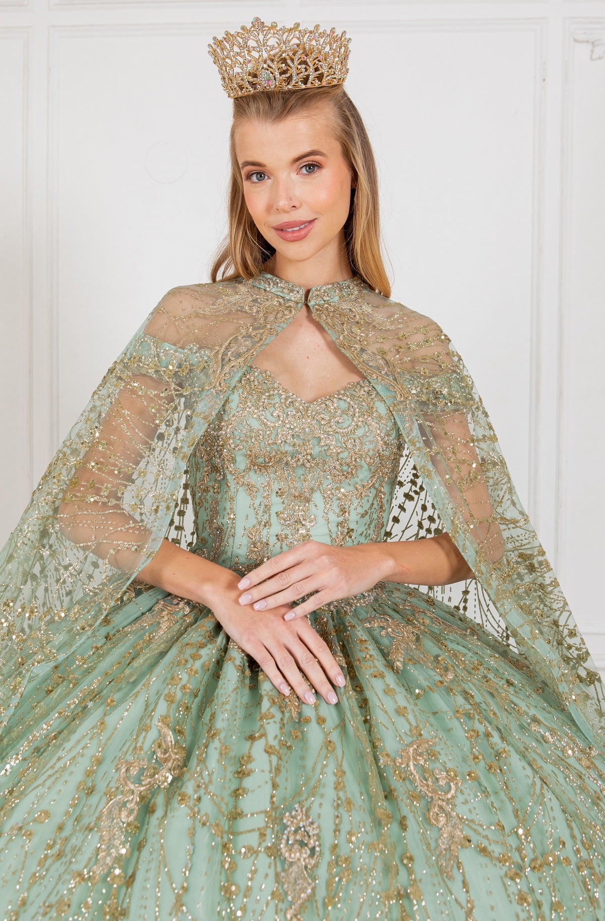 Quinceanera Dress Long Off Shoulder Ball Gown Quinceanera Cape Dress Sage