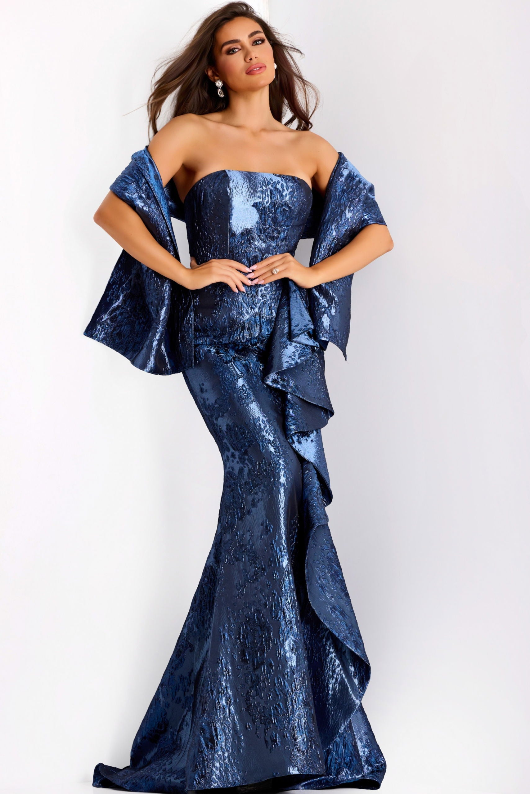 Formal Dresses Long Metallic Ruffle Formal Prom Dress Jovani 42028 Navy