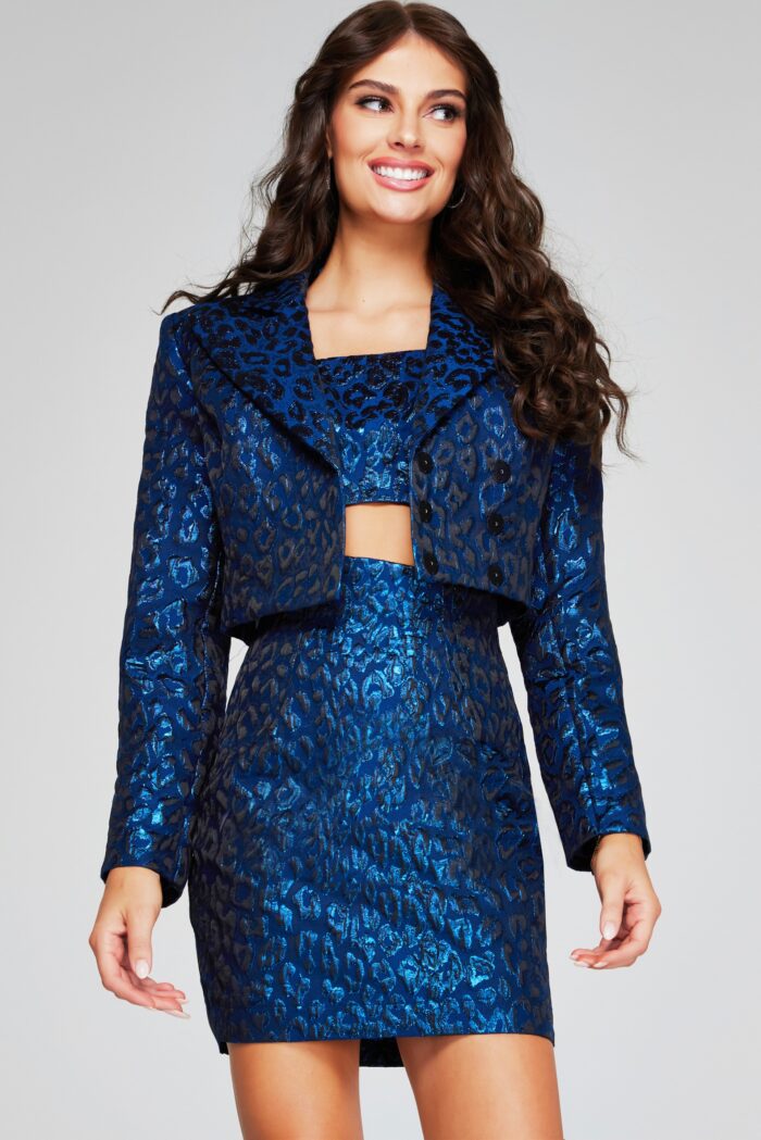 Cocktail Dresses Short Printed Metallic Two Piece Mini Cocktail Dress Navy