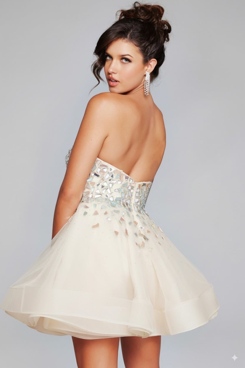 Strapless Curved Neck Mini Short Tulle Cocktail Fit & Flare Jovani K42282