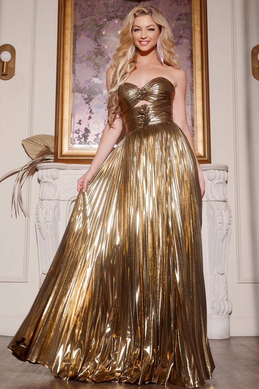 Gold Jovani 42335 Long Metallic Ball Gown Pleated Prom Dress for $400.0 ...
