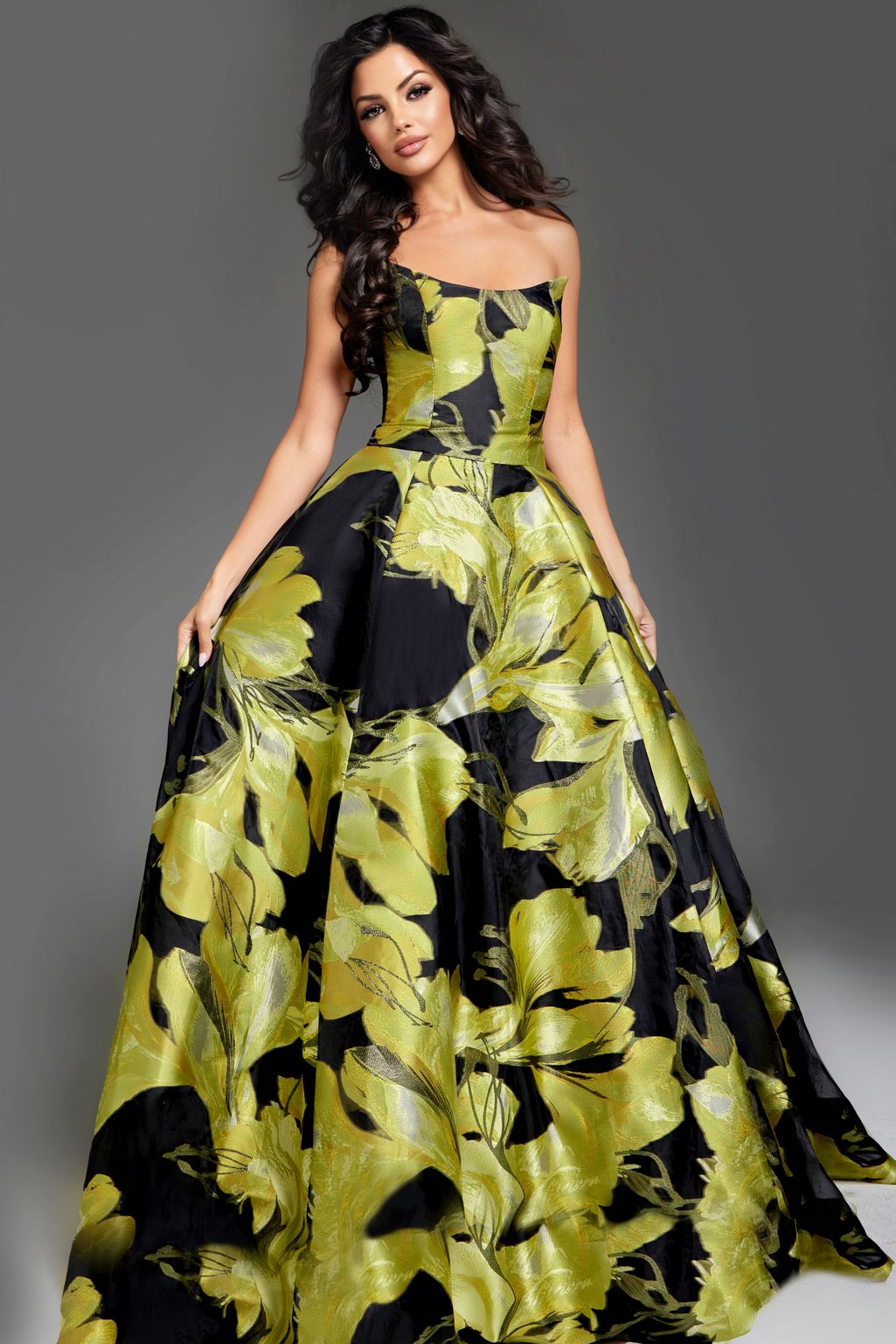 Prom Dresses Long A Line Floral Print Formal Prom Dress Yellow/Black