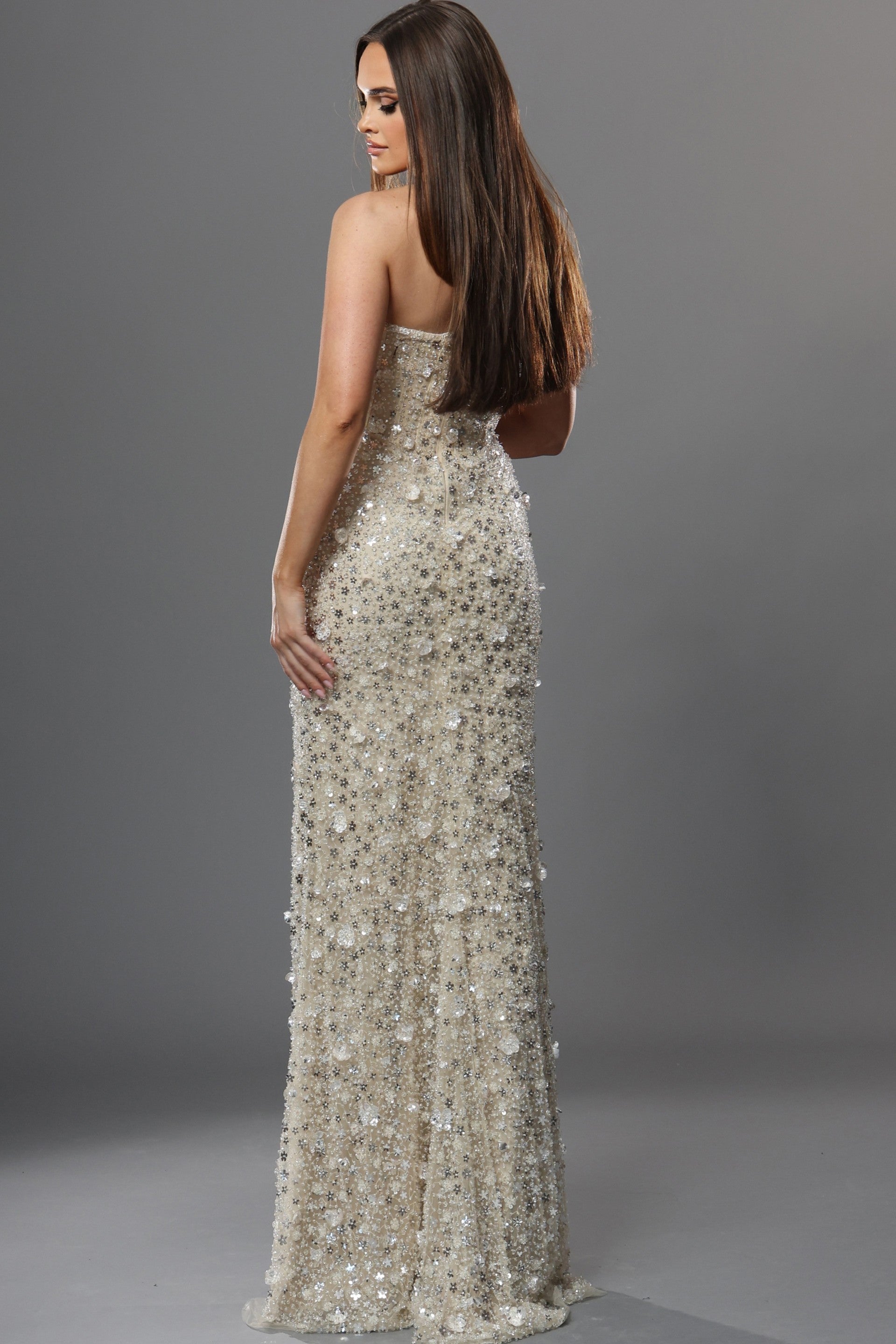 Strapless Curved Neck Floor-Length Sequin Evening Sheath/Column Jovani 42452
