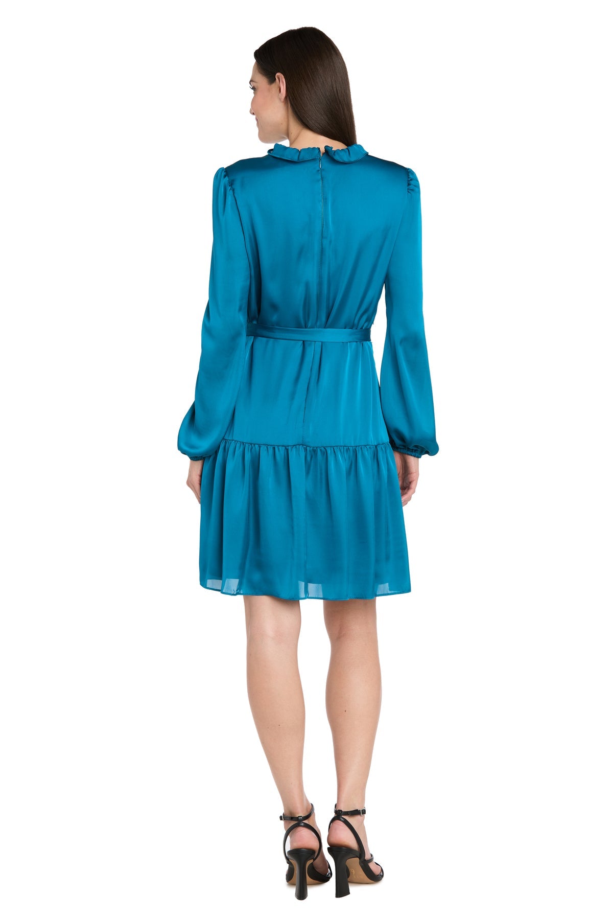 Ruffle V-Neck Short Satin Cocktail Dress by R&M Richards 4246P in Teal