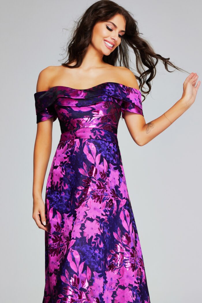 Formal Dresses A Line Long Formal Floral Metallic Evening Dress Fuchsia/Purple