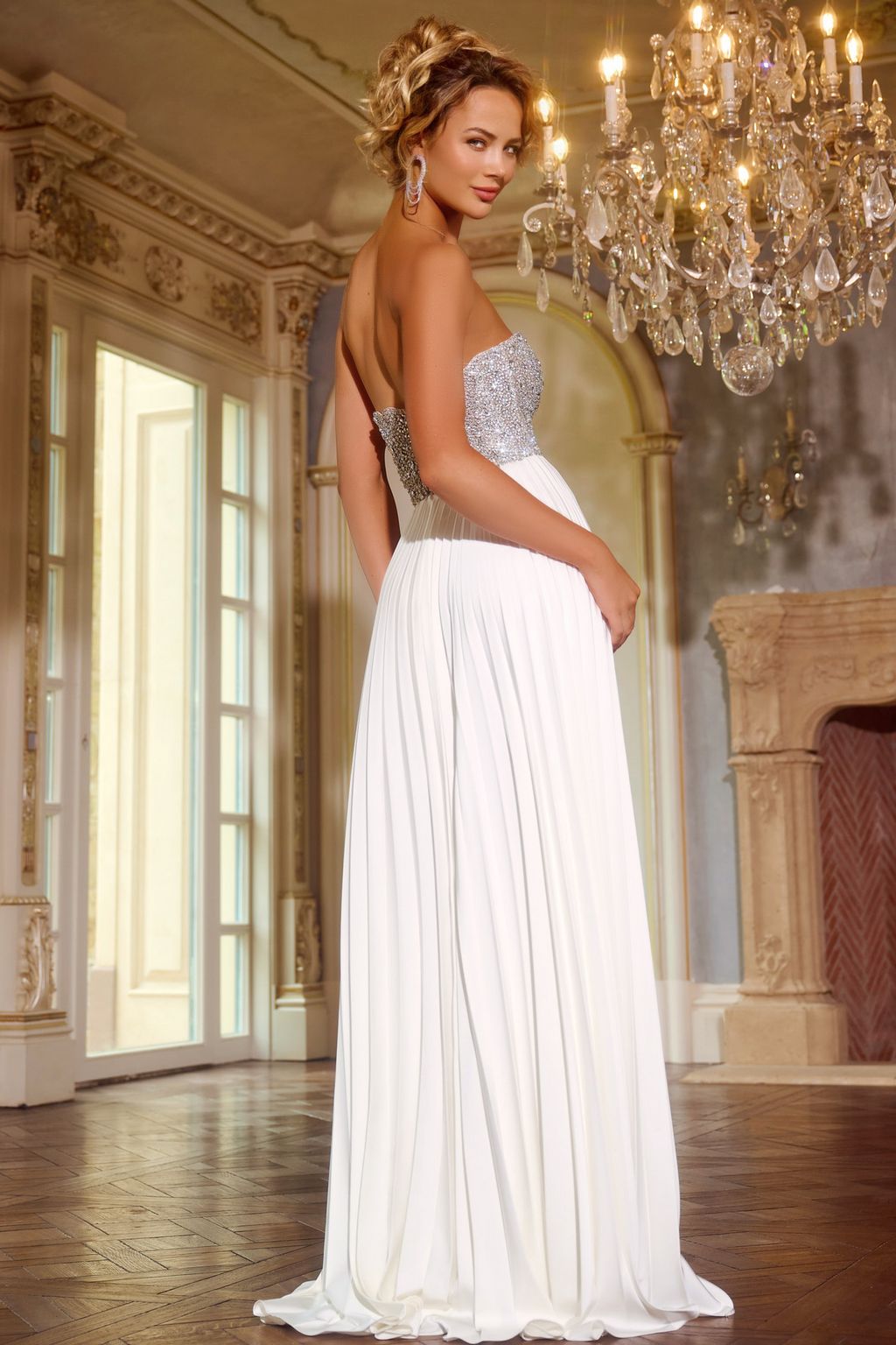 Prom Dresses Long Formal Beaded A Line Pleated Prom Dress Off White