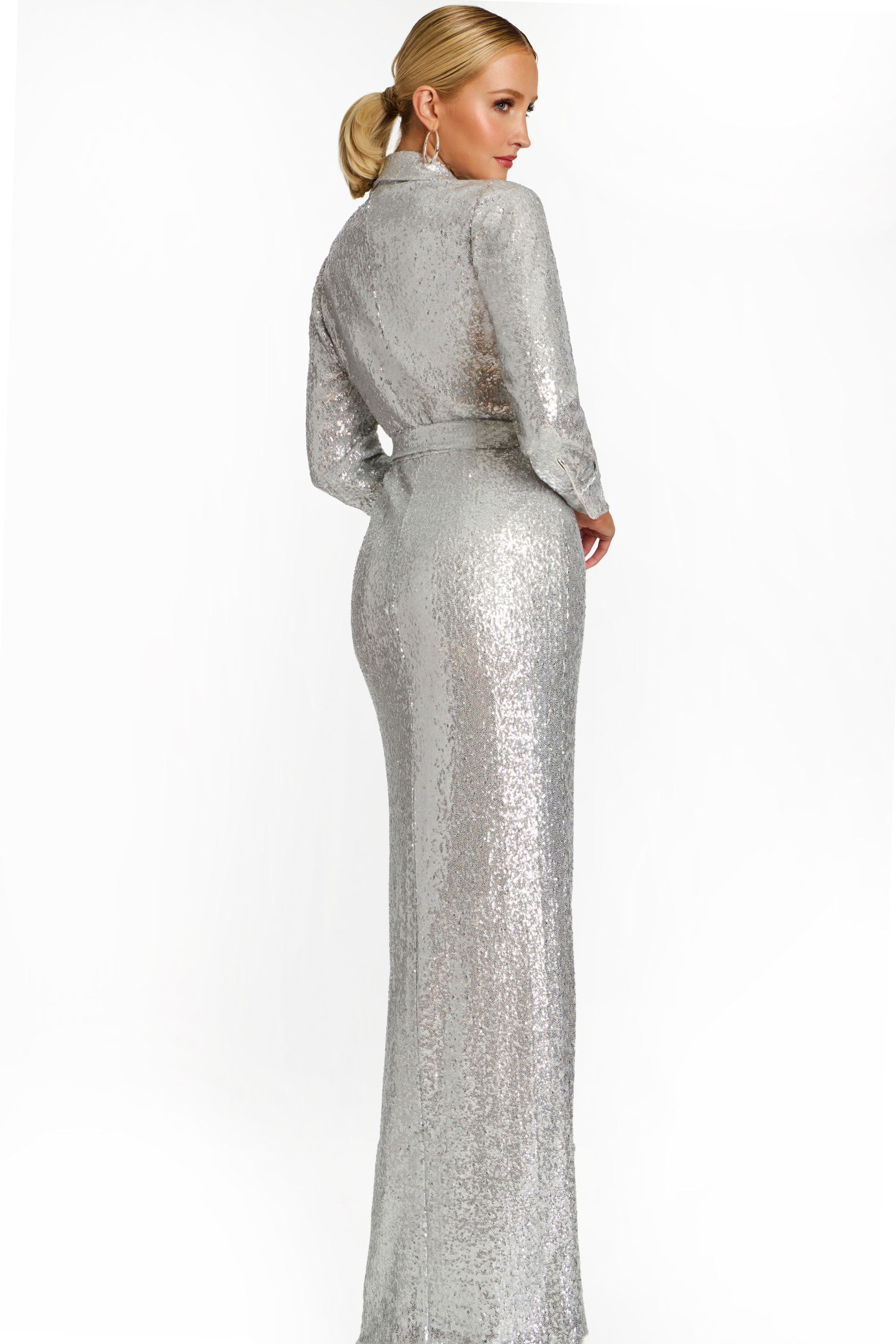 Mother of the Bride Dresses Long Sleeve Slit Formal Sequin Mother of the Bride Dress Jovani 42706 Silver