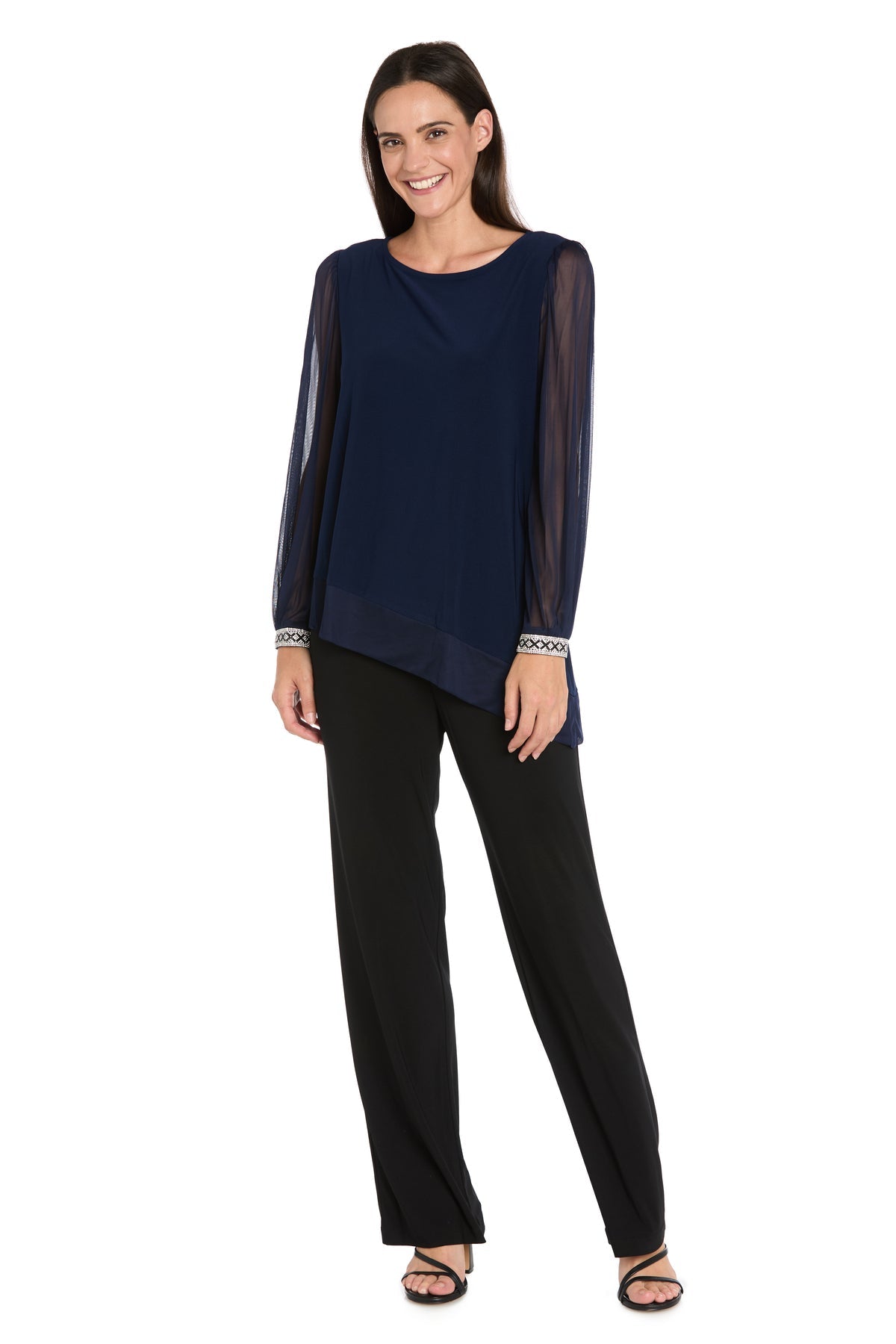 Round Neck Long Sleeve Asymmetric Top by R&M Richards 4273 in Navy
