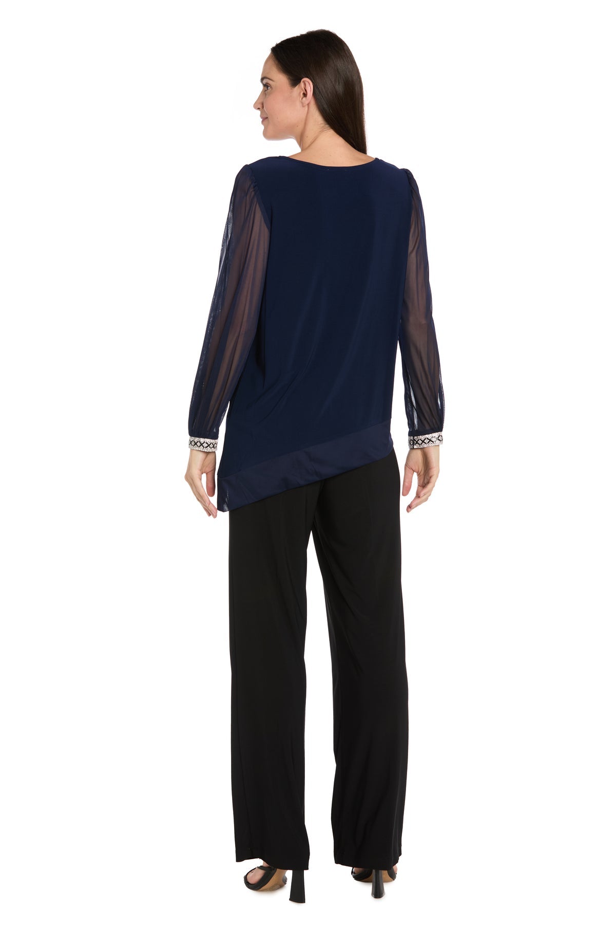 Round Neck Long Sleeve Asymmetric Top by R&M Richards 4273 in Navy