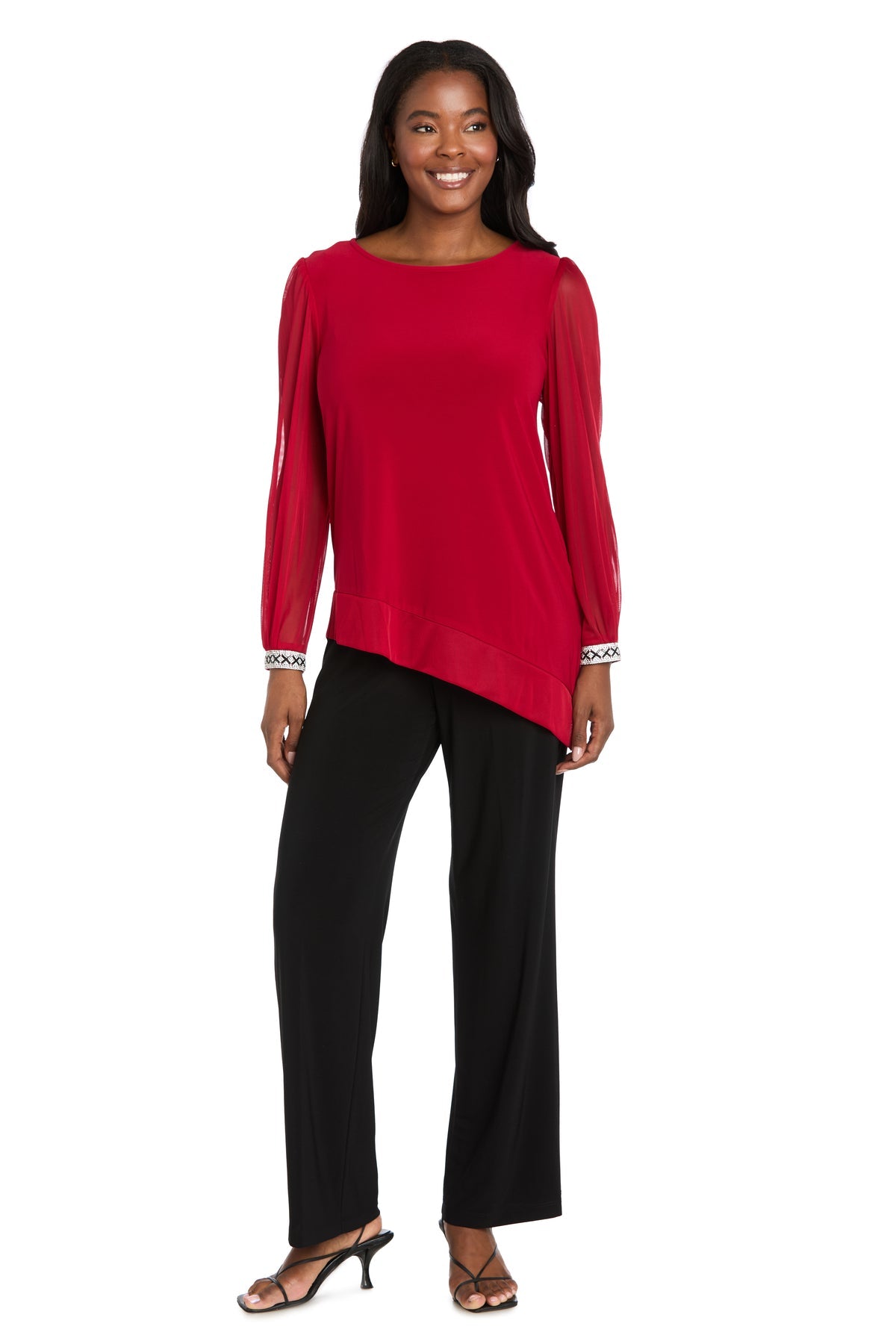 Round Neck Long Sleeve Asymmetric Top by R&M Richards 4273 in Red