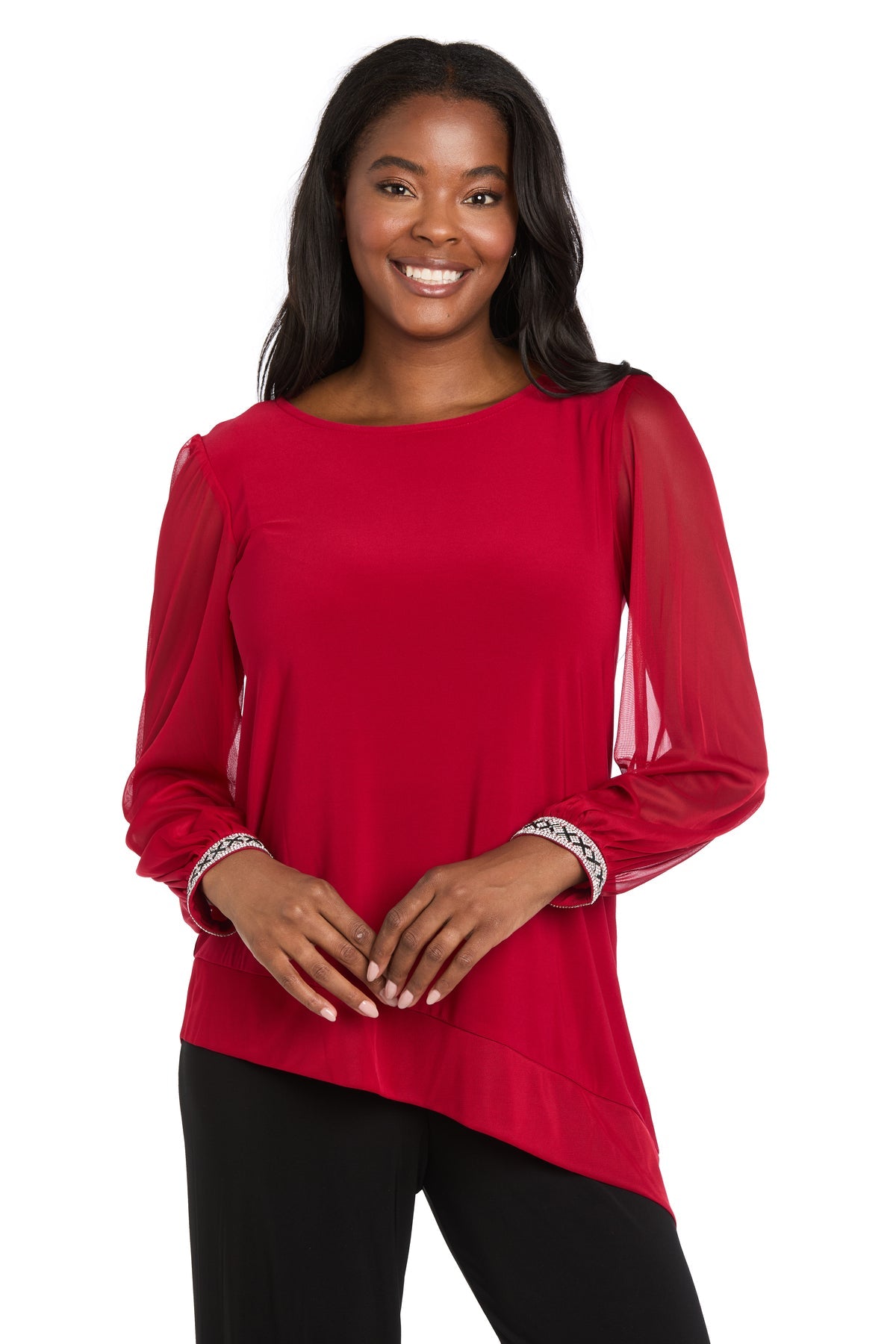 Round Neck Long Sleeve Asymmetric Top by R&M Richards 4273 in Red