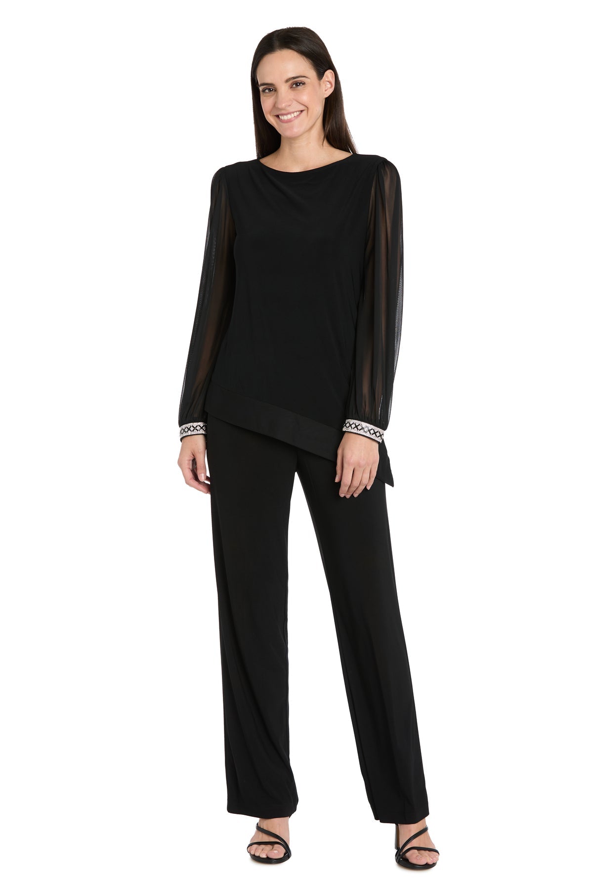 Round Neck Long Sleeve Asymmetric Top by R&M Richards 4273 in Black