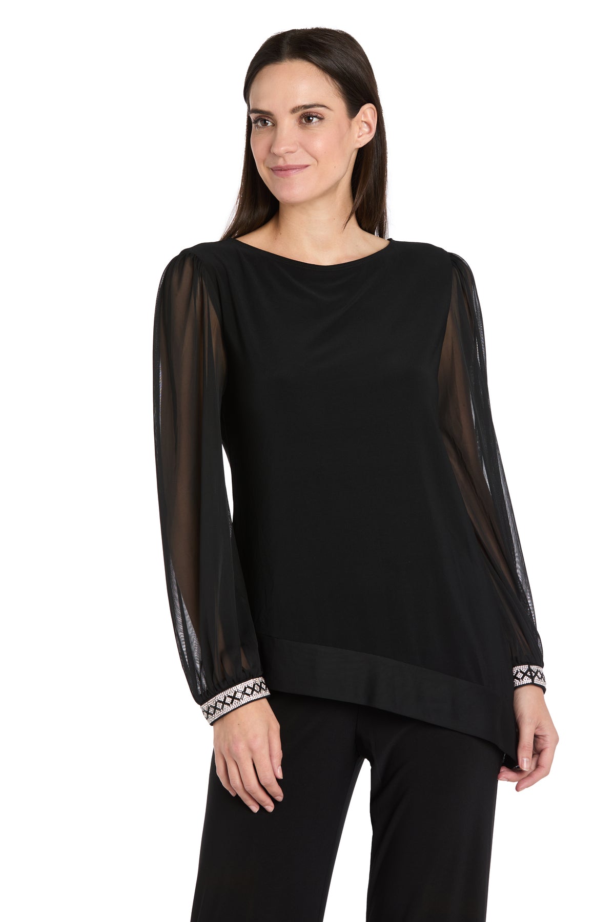 Round Neck Long Sleeve Asymmetric Top by R&M Richards 4273 in Black