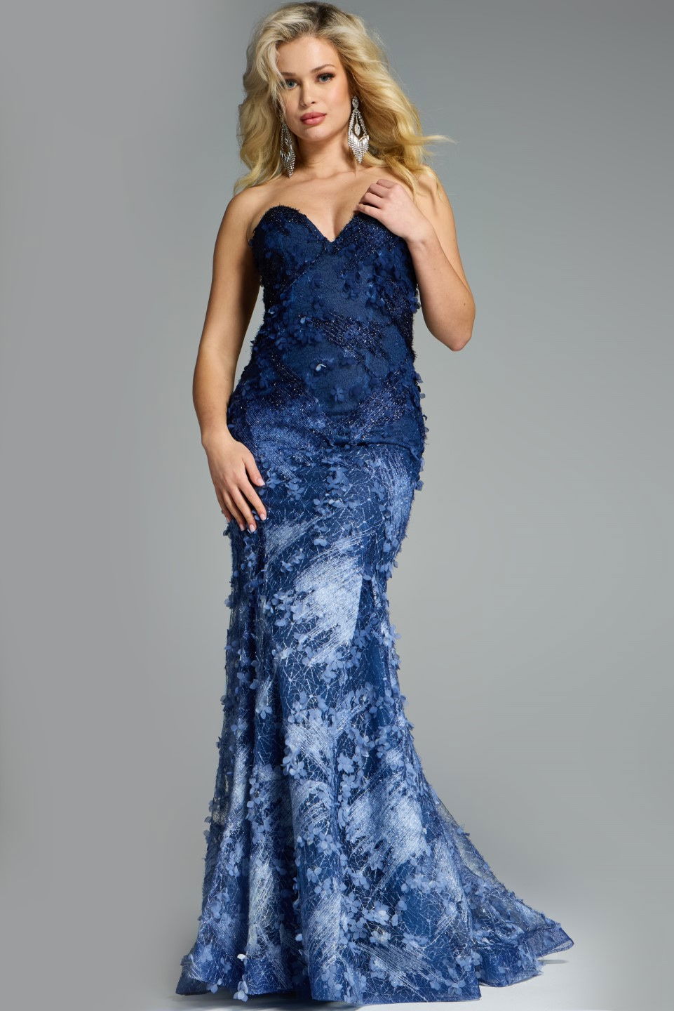 Prom Dresses Long Mermaid Floral Applique Lace Prom Dress Jovani 42740 Denim