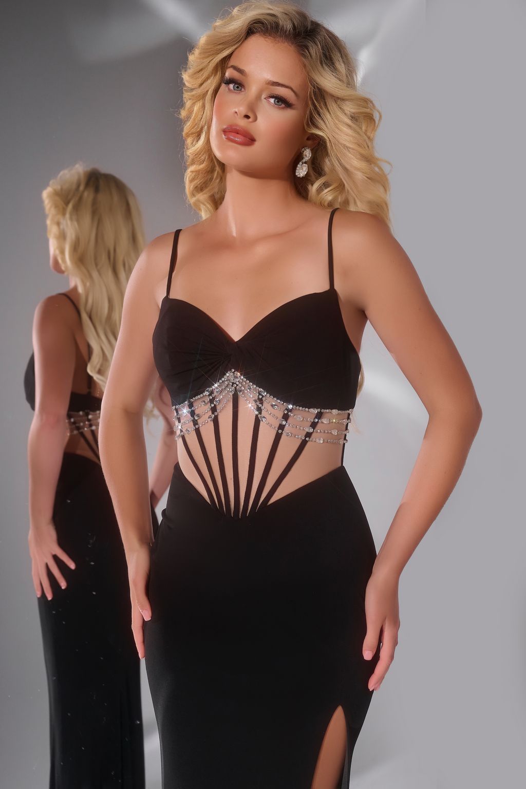 Prom Dresses Long Fitted Slit Formal Beaded Corset Prom Dress Black