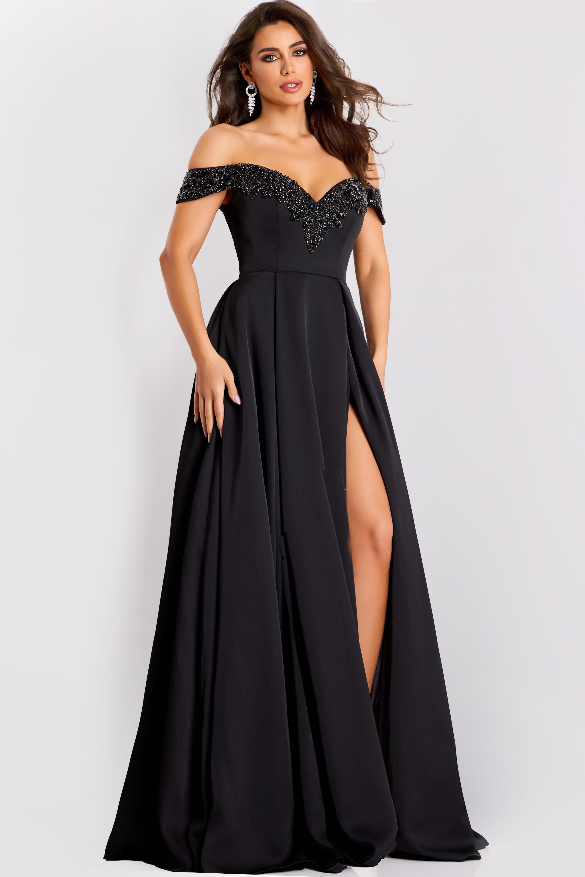Prom Dresses A Line Long Formal Beaded Slit Evening Prom Dress Jovani 42849 Black