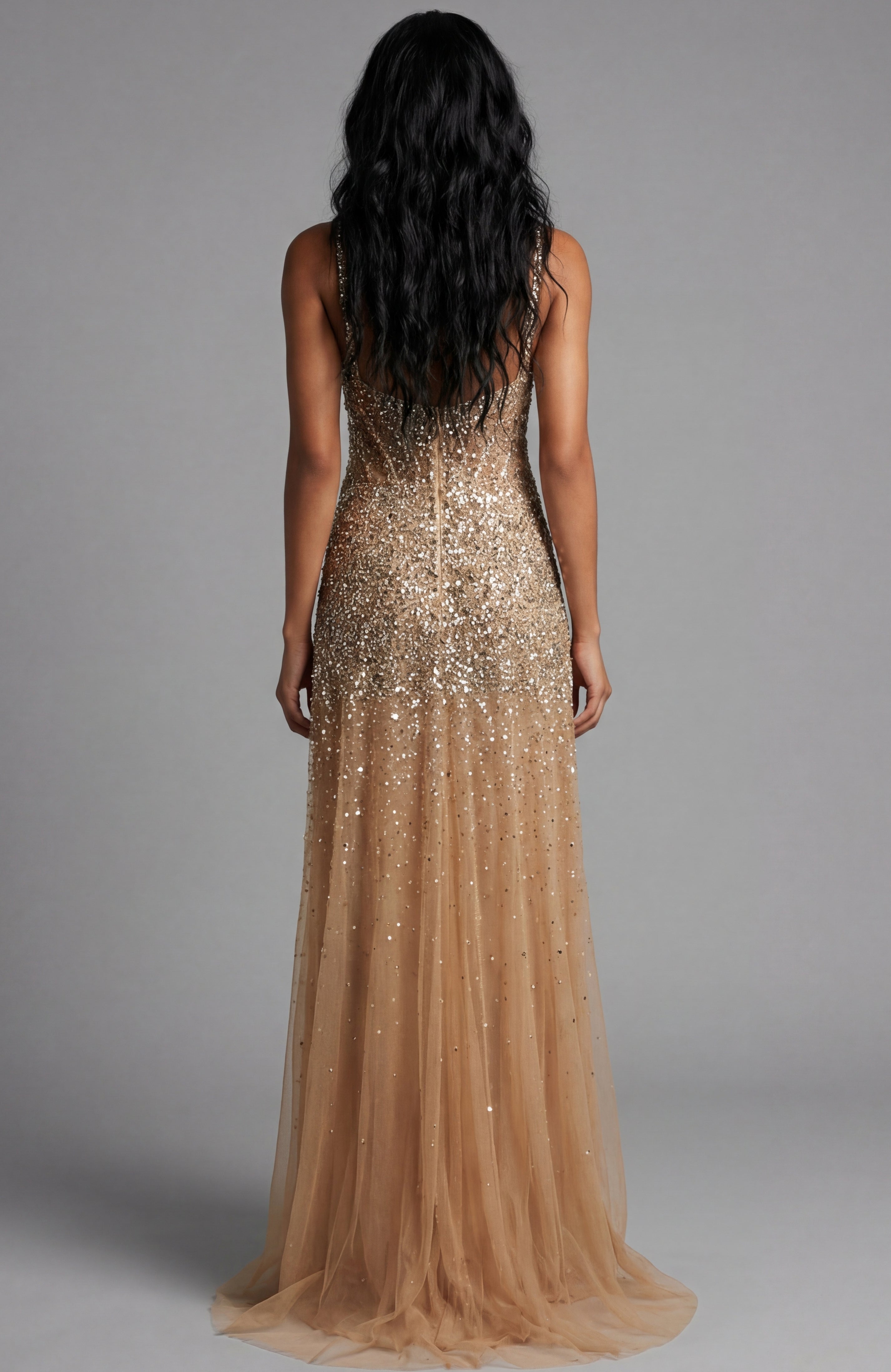 Nude/Silver Sweetheart Floor Length Beaded Mesh Prom Dress with High Slit Jovani 43076