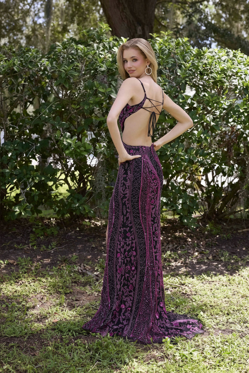 Prom Dresses Beaded Long Formal Prom Sequin Dress Black Fuchsia
