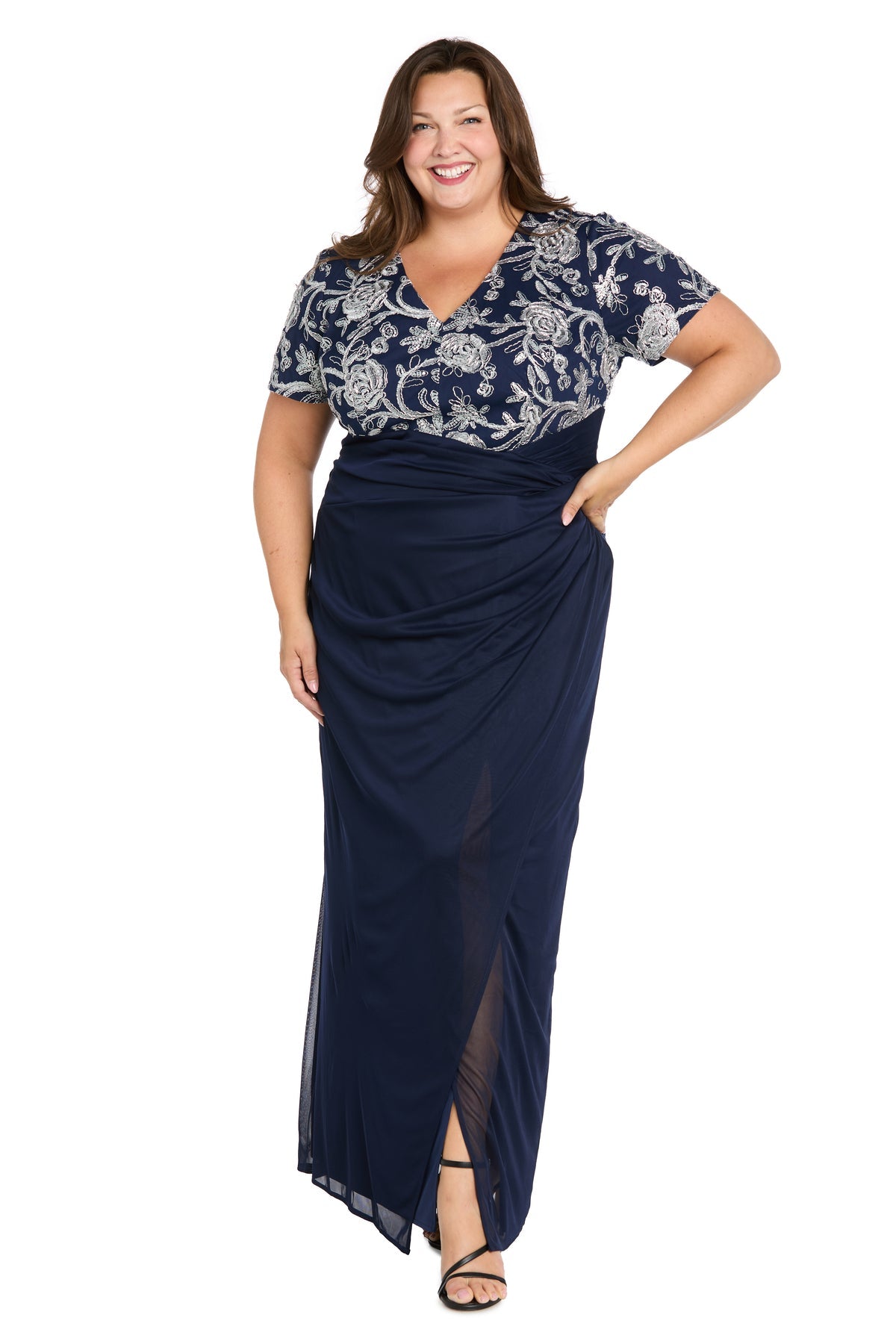 Plus Size Dresses Floral Formal Long Plus Size Dress Navy/Silver
