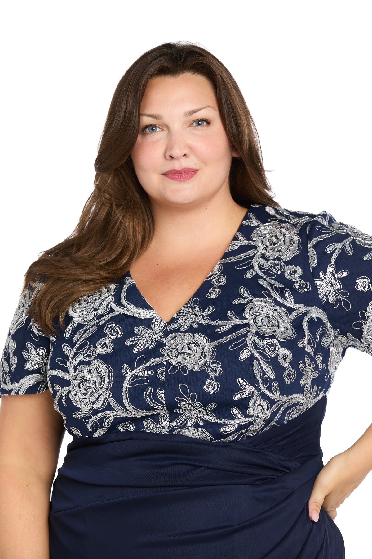 Plus Size Dresses Floral Formal Long Plus Size Dress Navy/Silver