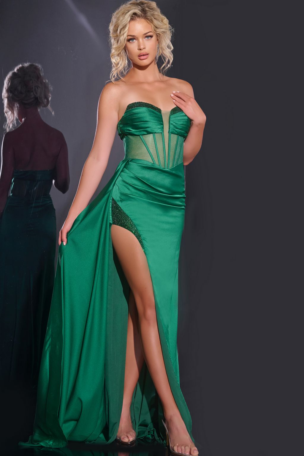 Prom Dresses Long Beaded High Slit Overskirt Formal Prom Dress Emerald