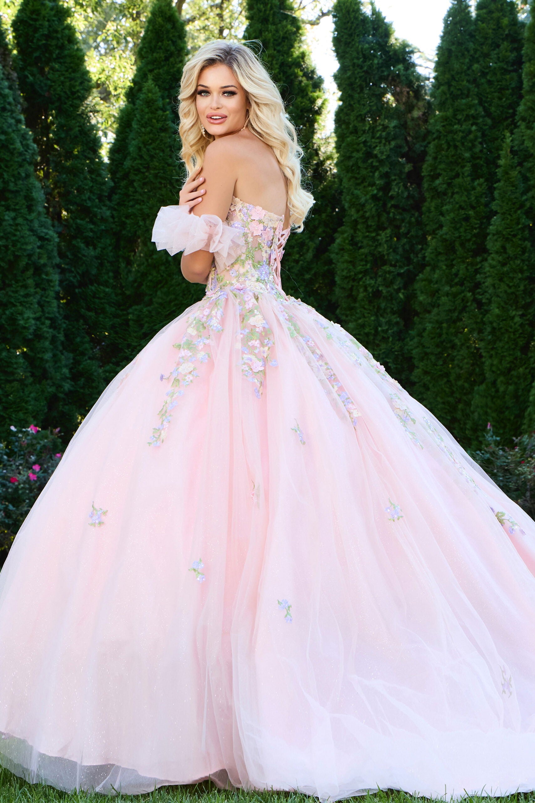 Quinceniera Dresses Ball Gown Corset 3D Floral Applique Long Quinceanera Dress Jovani Q43231 Pink/Multi