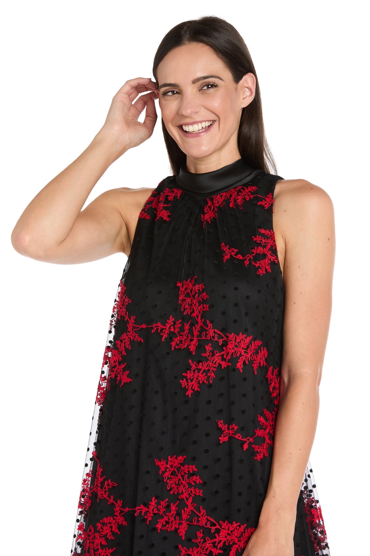 Mock Neck Knee-Length Floral Cocktail Dress by R&M Richards 4328 in Black/Red