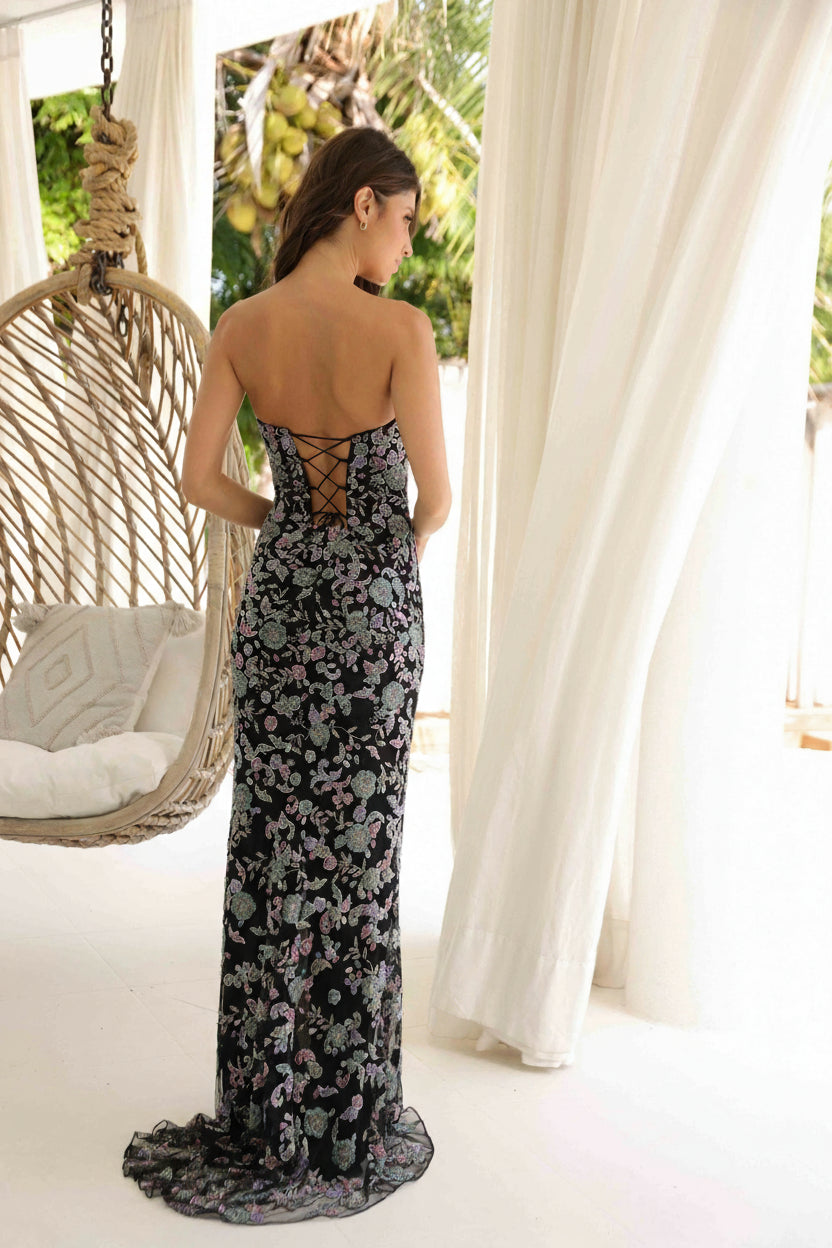 Prom Dresses Beaded Long Floral Formal Prom Dress Black