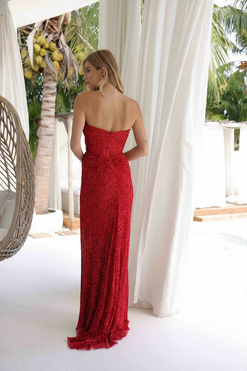 Prom Dresses Long Slit Prom Formal Evening Sequin Dress Red
