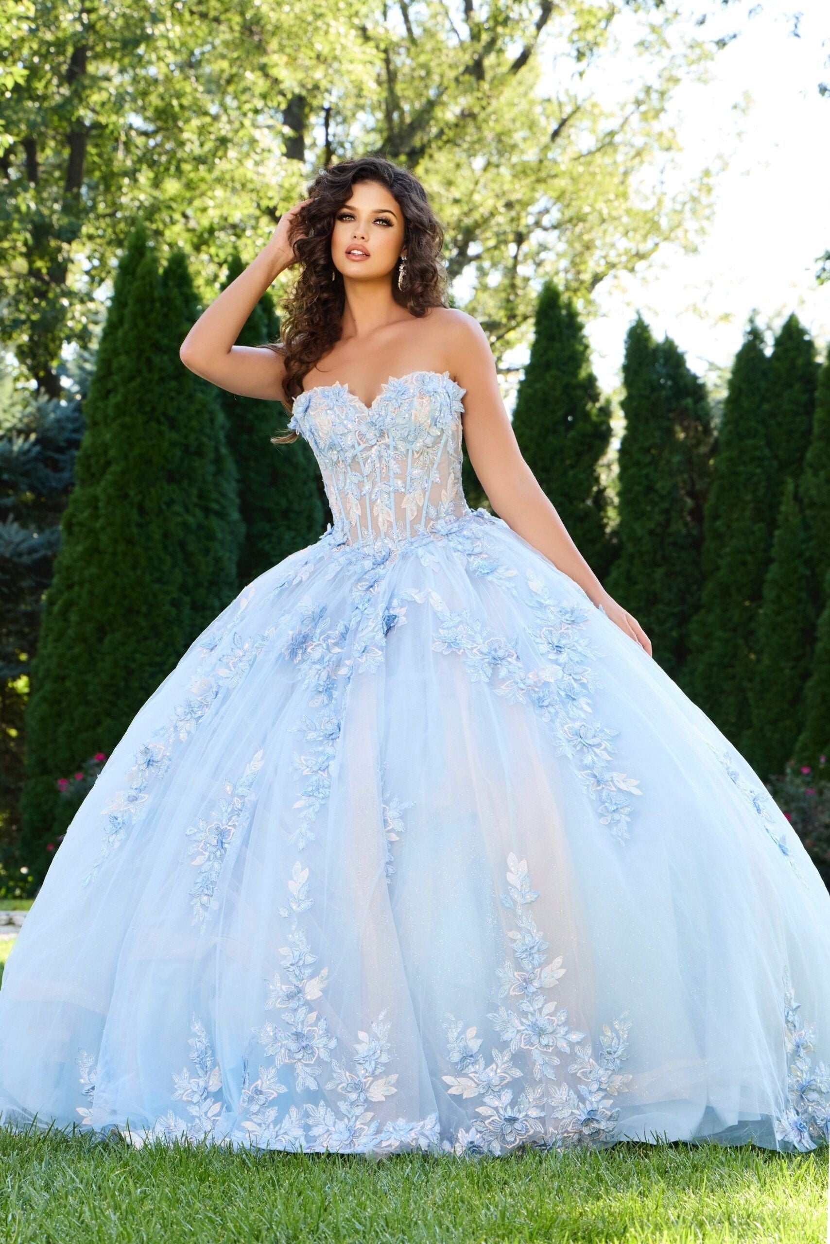 Quinceniera Dresses Floral Applique Ball Gown Corset Long Lace Quinceanera Dress Jovani Q43433 Light Blue